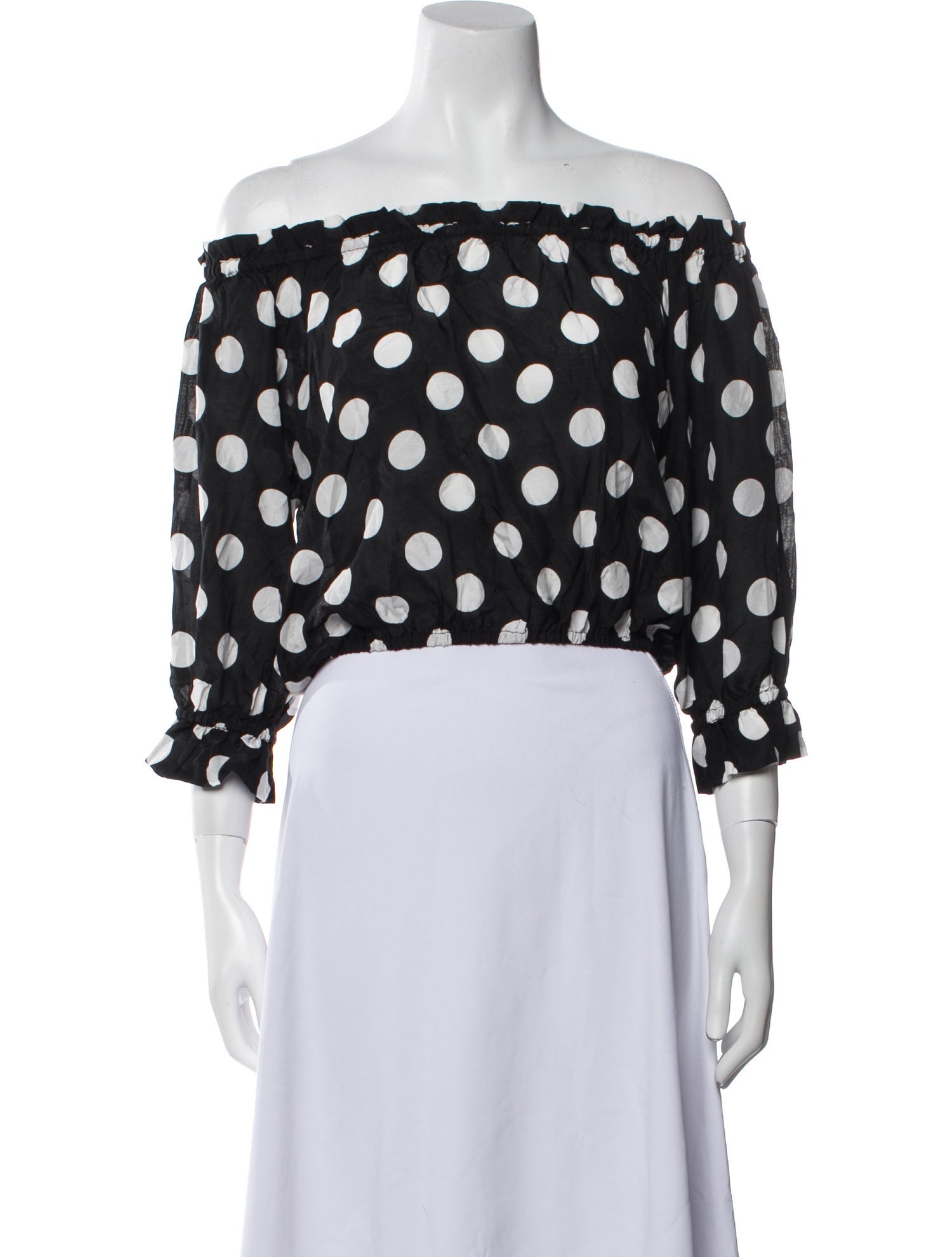 RIXO Polka Dot Print Off-The-Shoulder Crop Top
