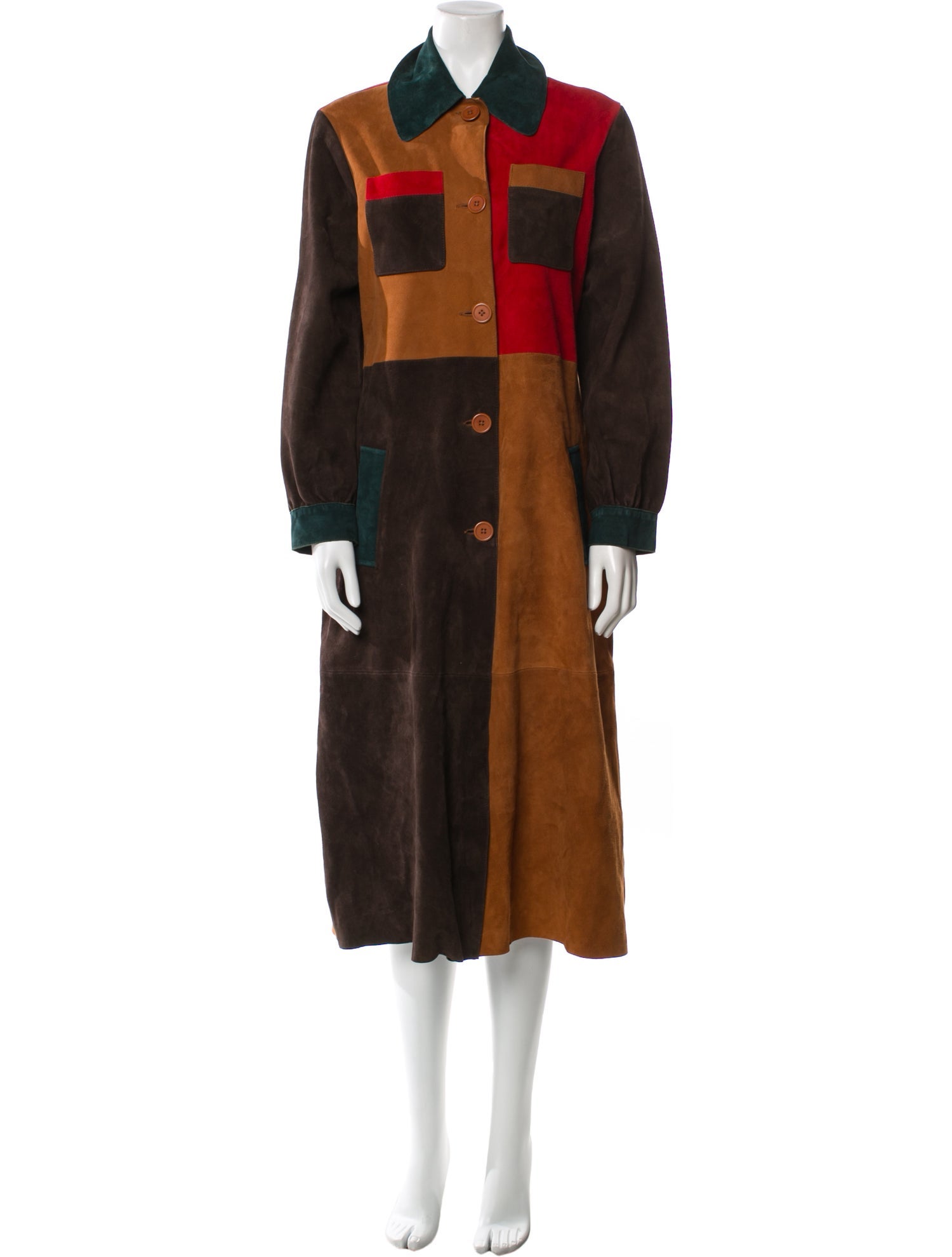 RIXO Leather Colorblock Pattern Trench Coat