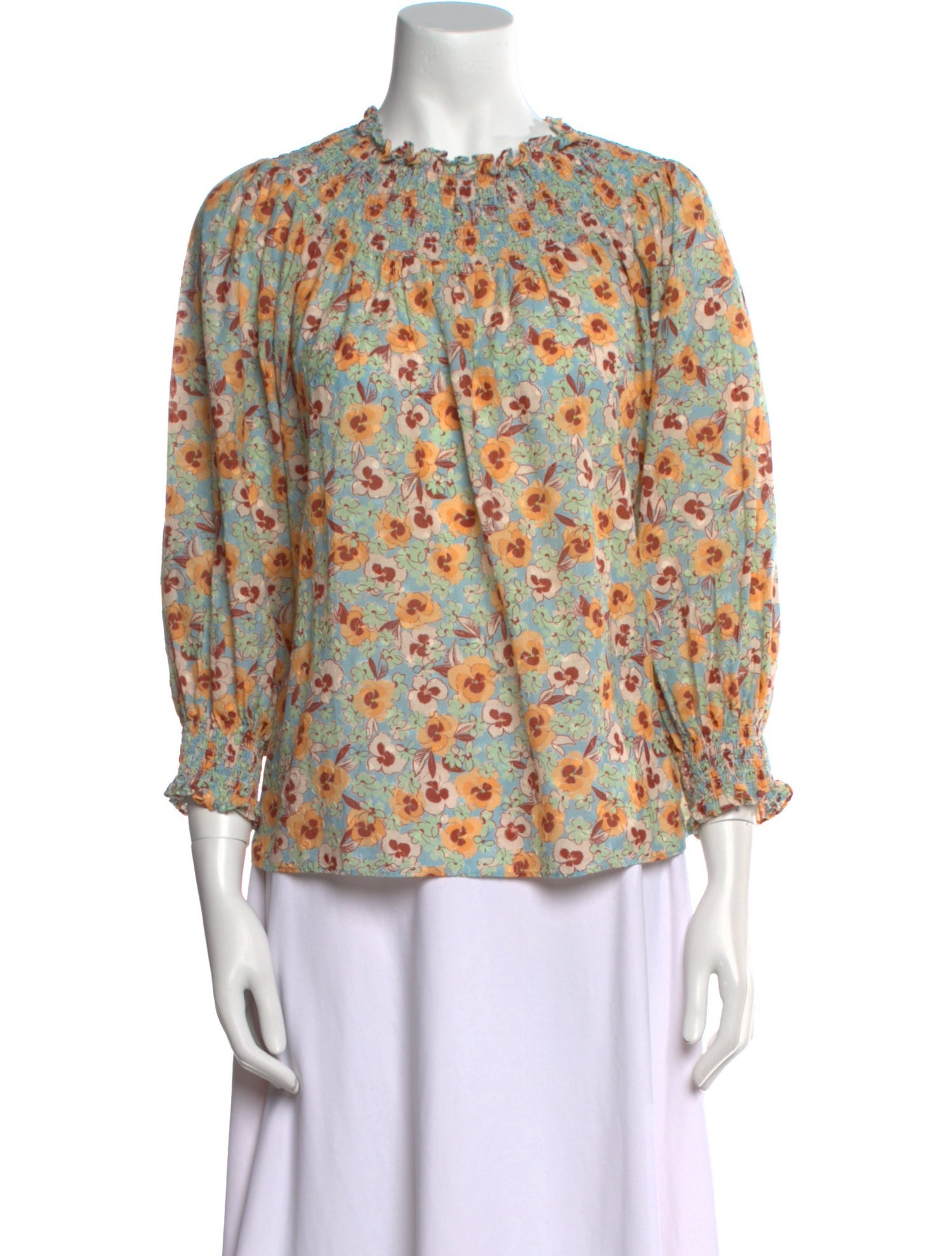 RIXO Floral Print Mock Neck Blouse