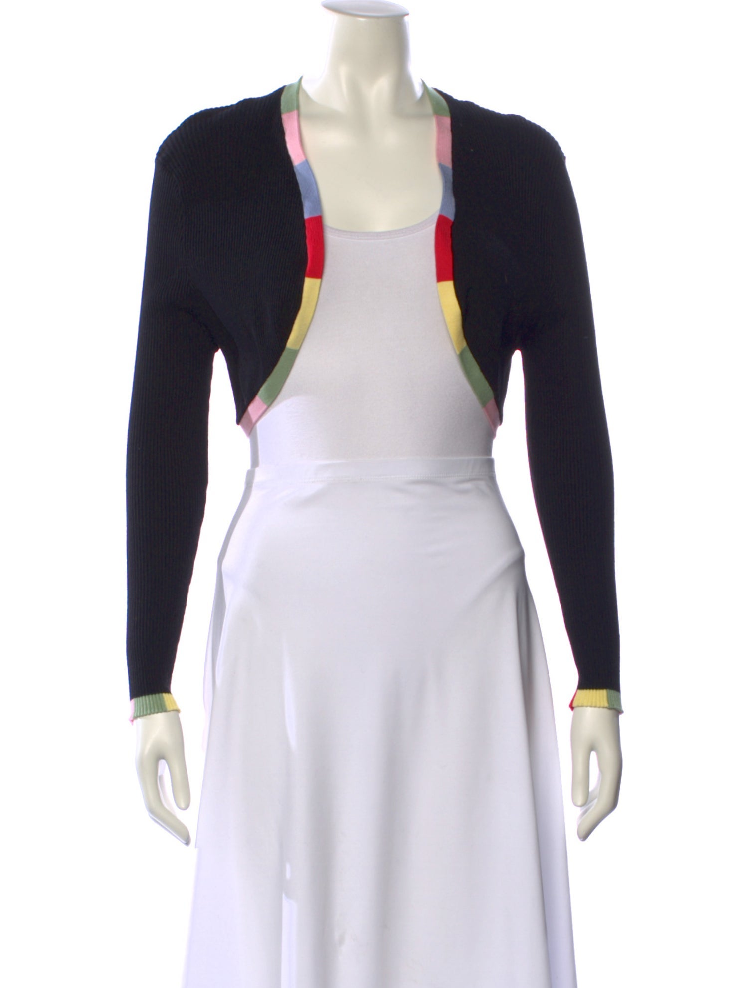 RIXO Colorblock Pattern Open Front Sweater