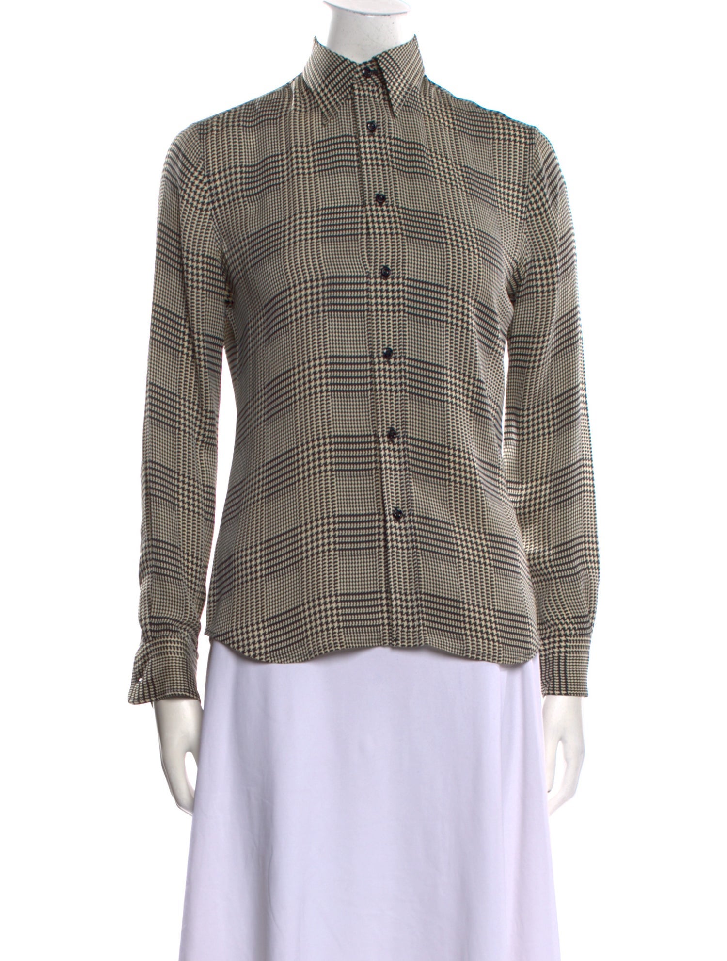 Ralph Lauren Black Label Silk Plaid Print Button-Up Top