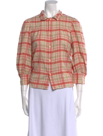 Ralph Lauren Black Label Plaid Print Three-Quarter Sleeve Button-Up Top