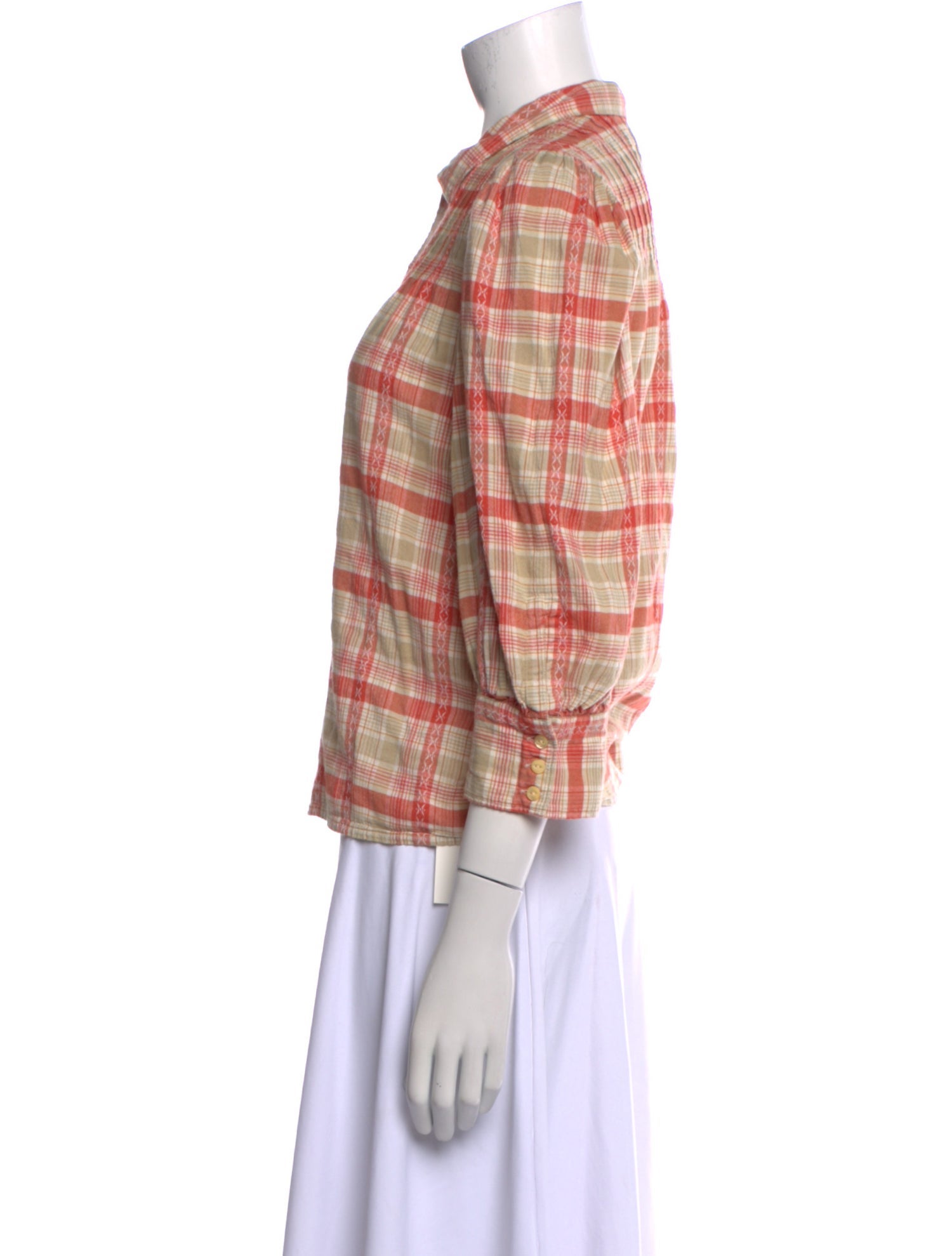 Ralph Lauren Black Label Plaid Print Three-Quarter Sleeve Button-Up Top