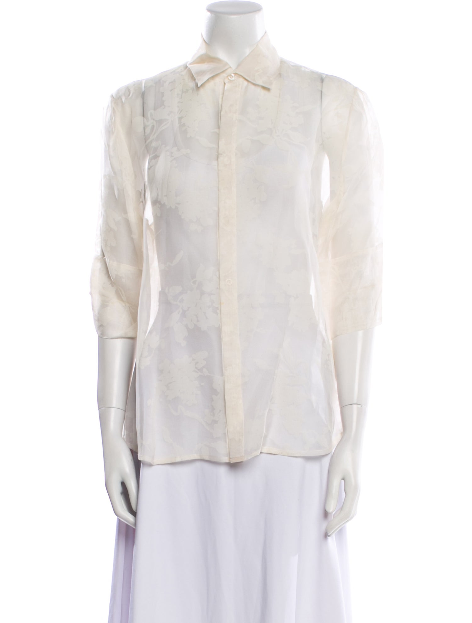 Ralph Lauren Black Label Lace Pattern Three-Quarter Sleeve Button-Up Top