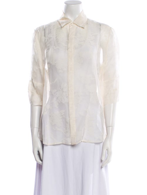 Ralph Lauren Black Label Lace Pattern Three-Quarter Sleeve Button-Up Top