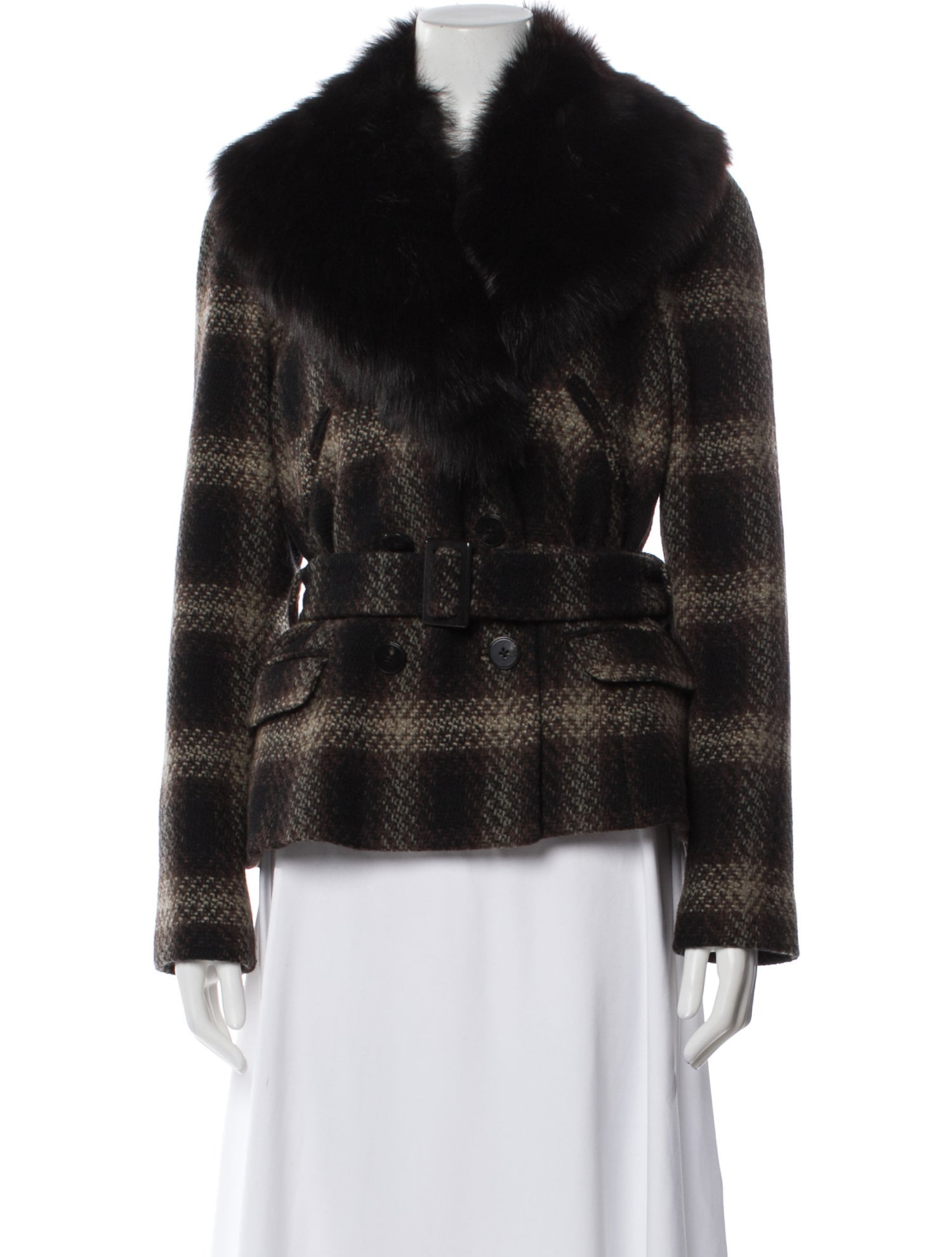 Ralph Lauren Black Label Wool Plaid Print Fur Jacket