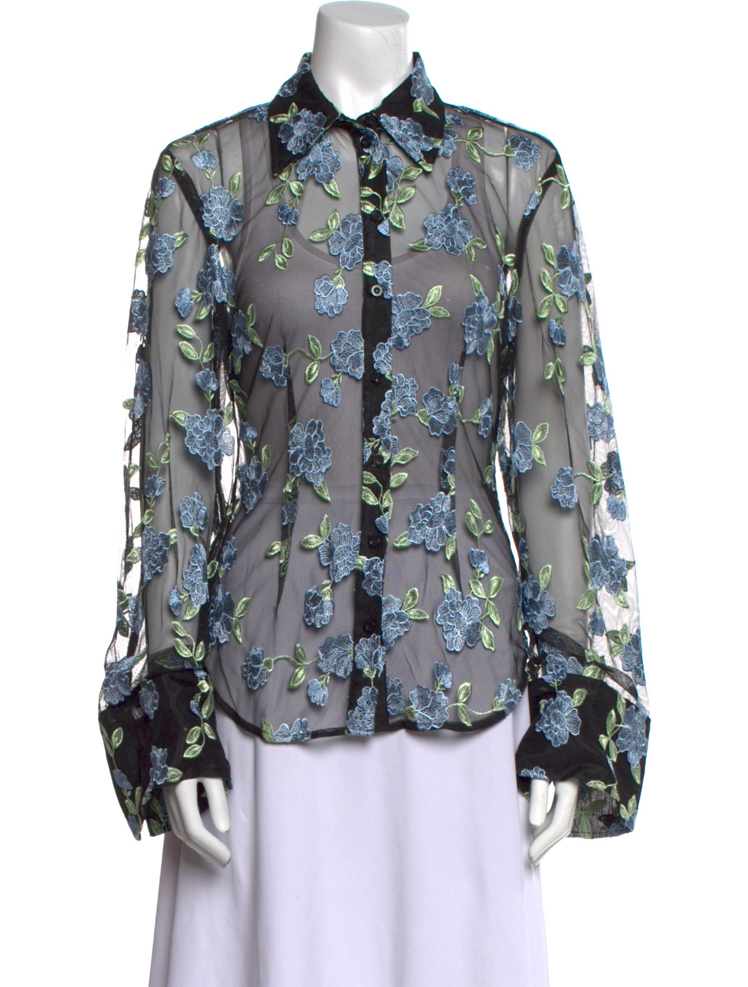 ROTATE Birger Christensen Lace Pattern Long Sleeve Button-Up Top