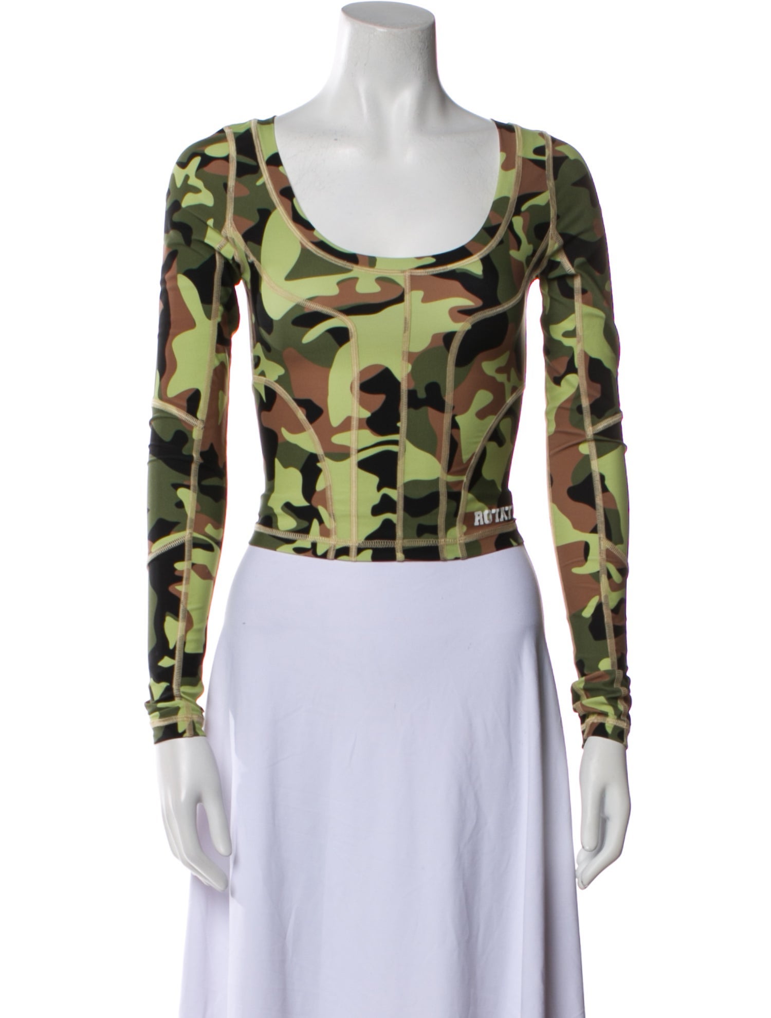 ROTATE Birger Christensen Camouflage Print Scoop Neck Crop Top