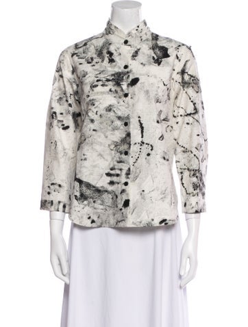 Raquel Allegra Tops Floral Print Three-Quarter Sleeve Button-Up Top S