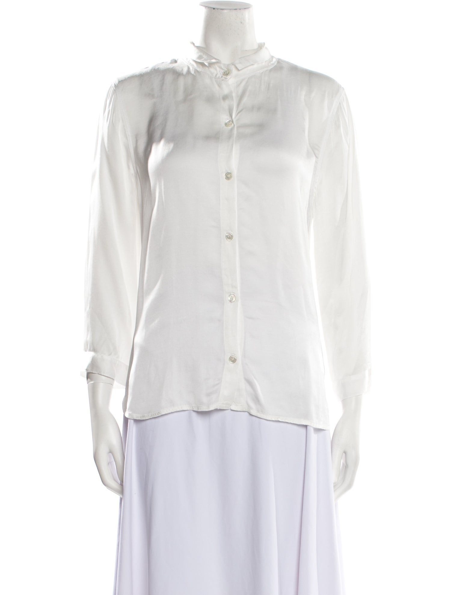 Raquel Allegra Mock Neck Three-Quarter Sleeve Button-Up Top