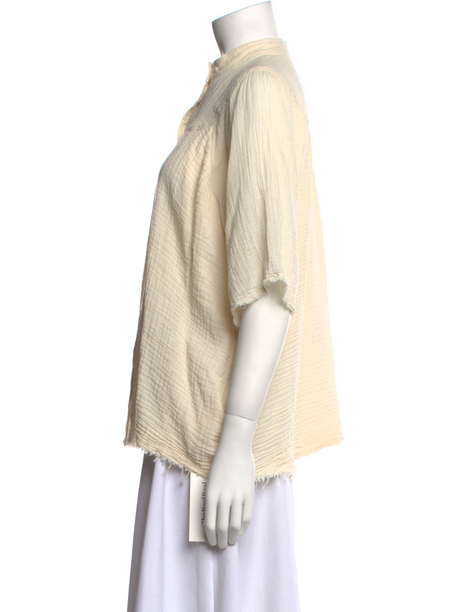 Raquel Allegra Mock Neck Short Sleeve Button-Up Top