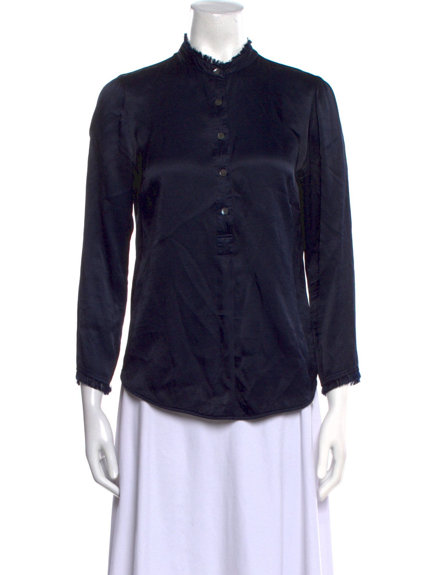 Raquel Allegra Mock Neck Three-Quarter Sleeve Button-Up Top