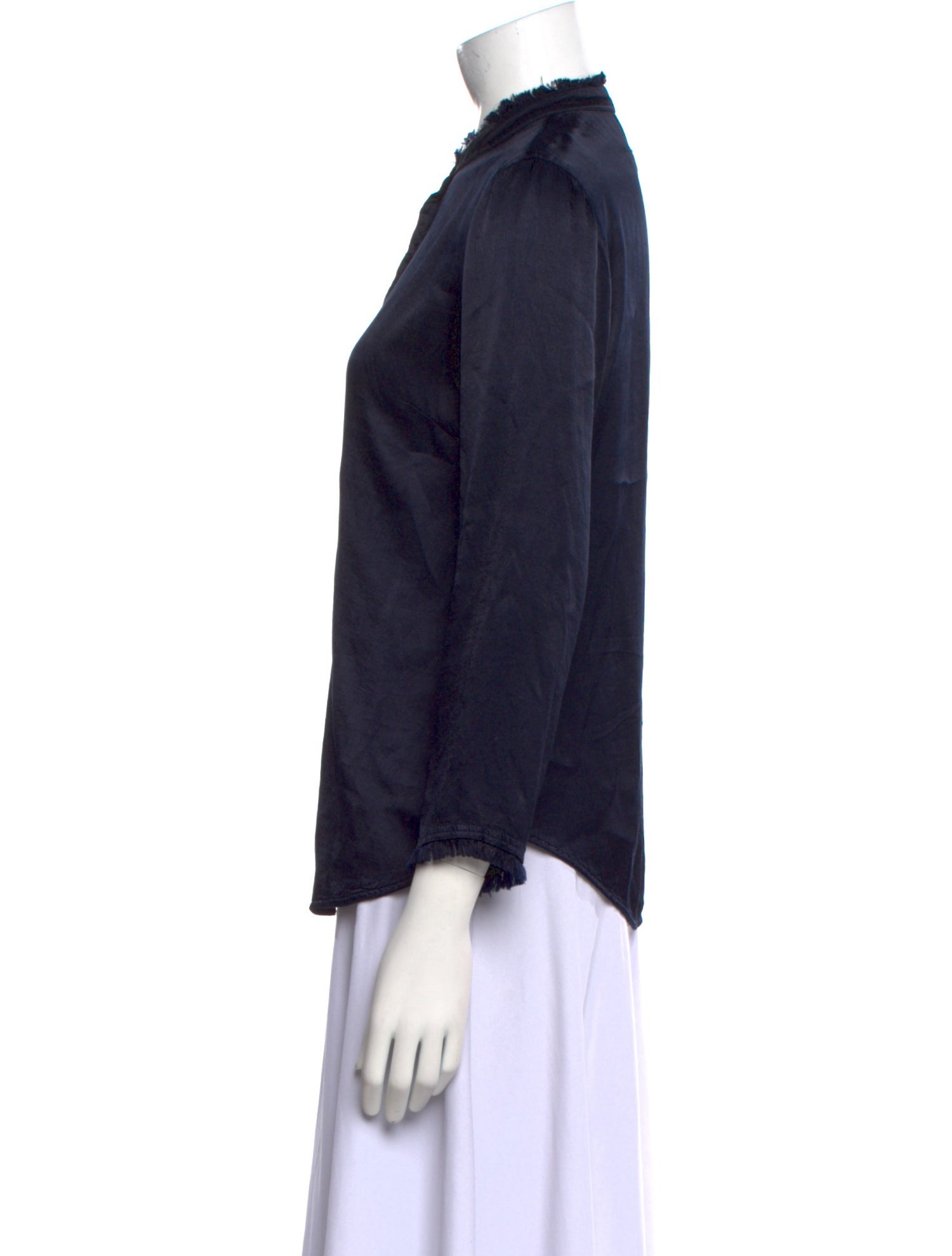 Raquel Allegra Mock Neck Three-Quarter Sleeve Button-Up Top