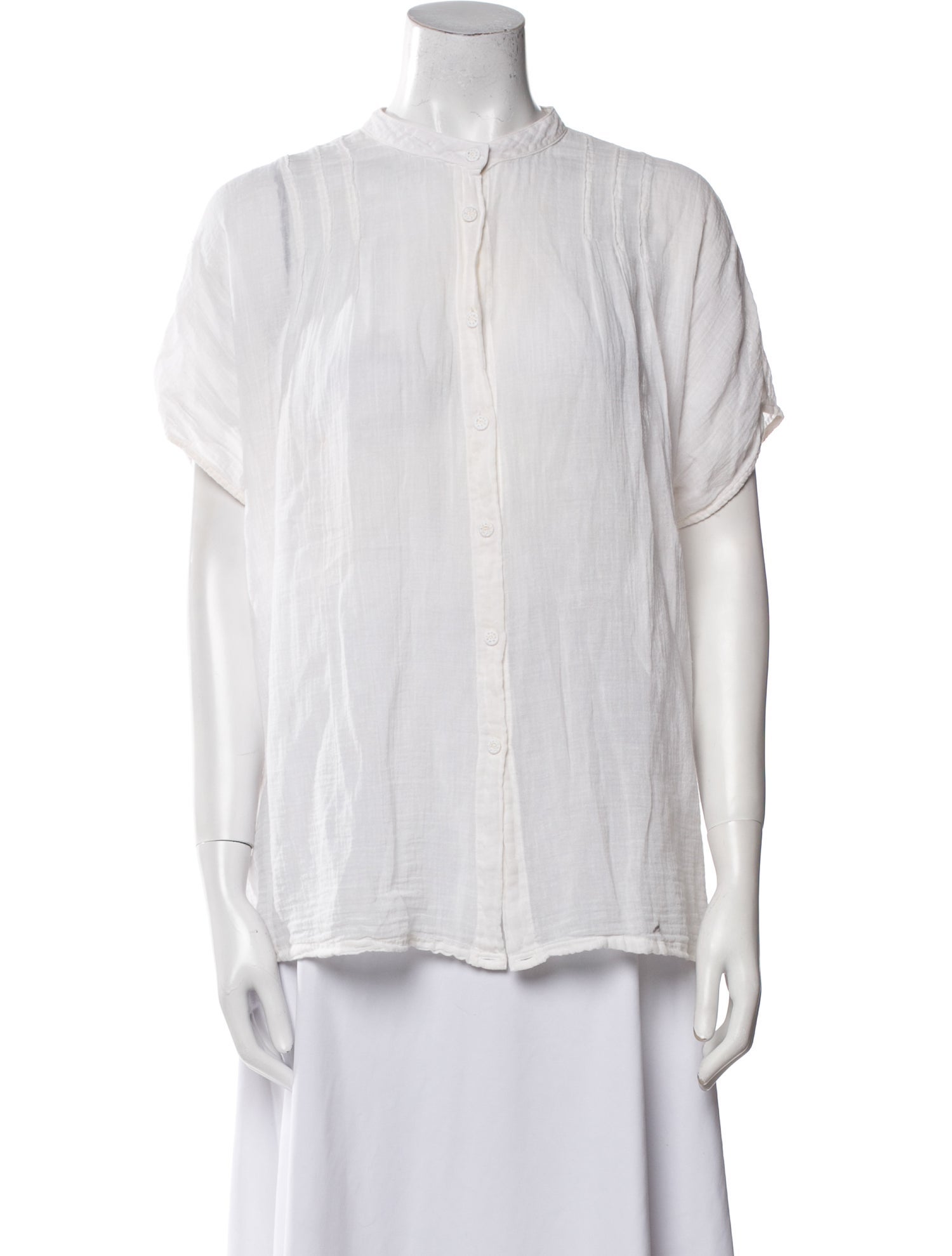 Raquel Allegra Mock Neck Short Sleeve Button-Up Top