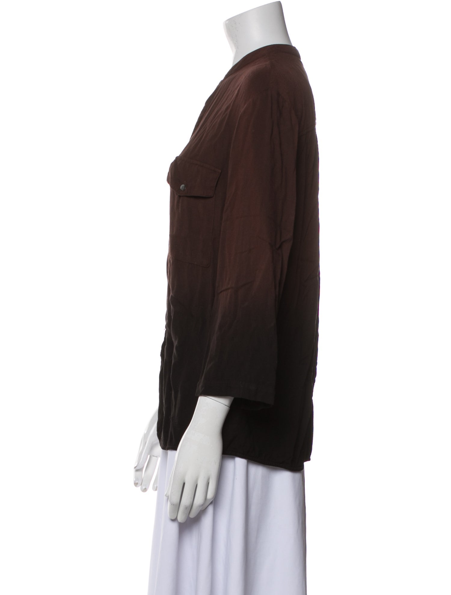 Raquel Allegra Mock Neck Three-Quarter Sleeve Button-Up Top