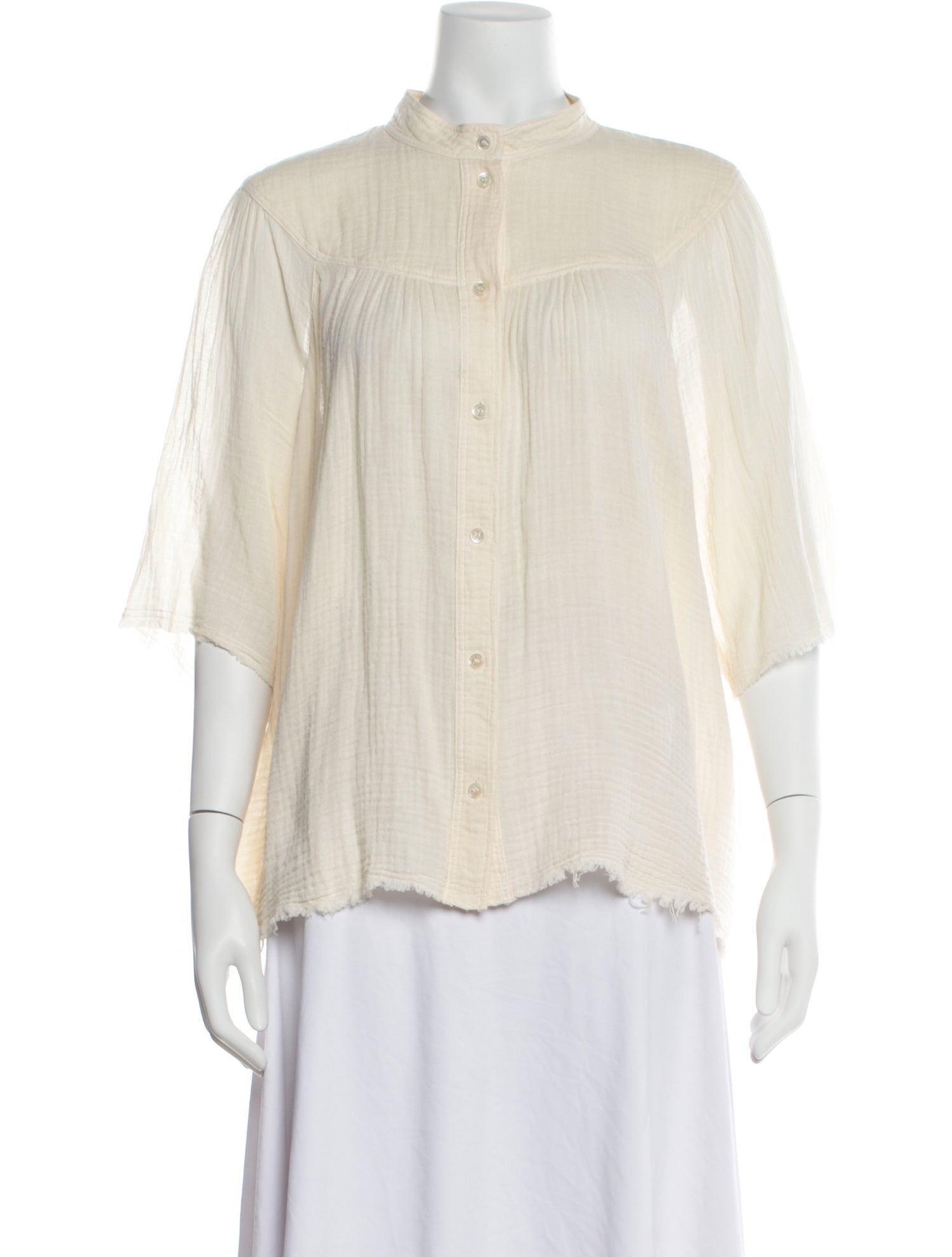 Raquel Allegra Mock Neck Three-Quarter Sleeve Button-Up Top