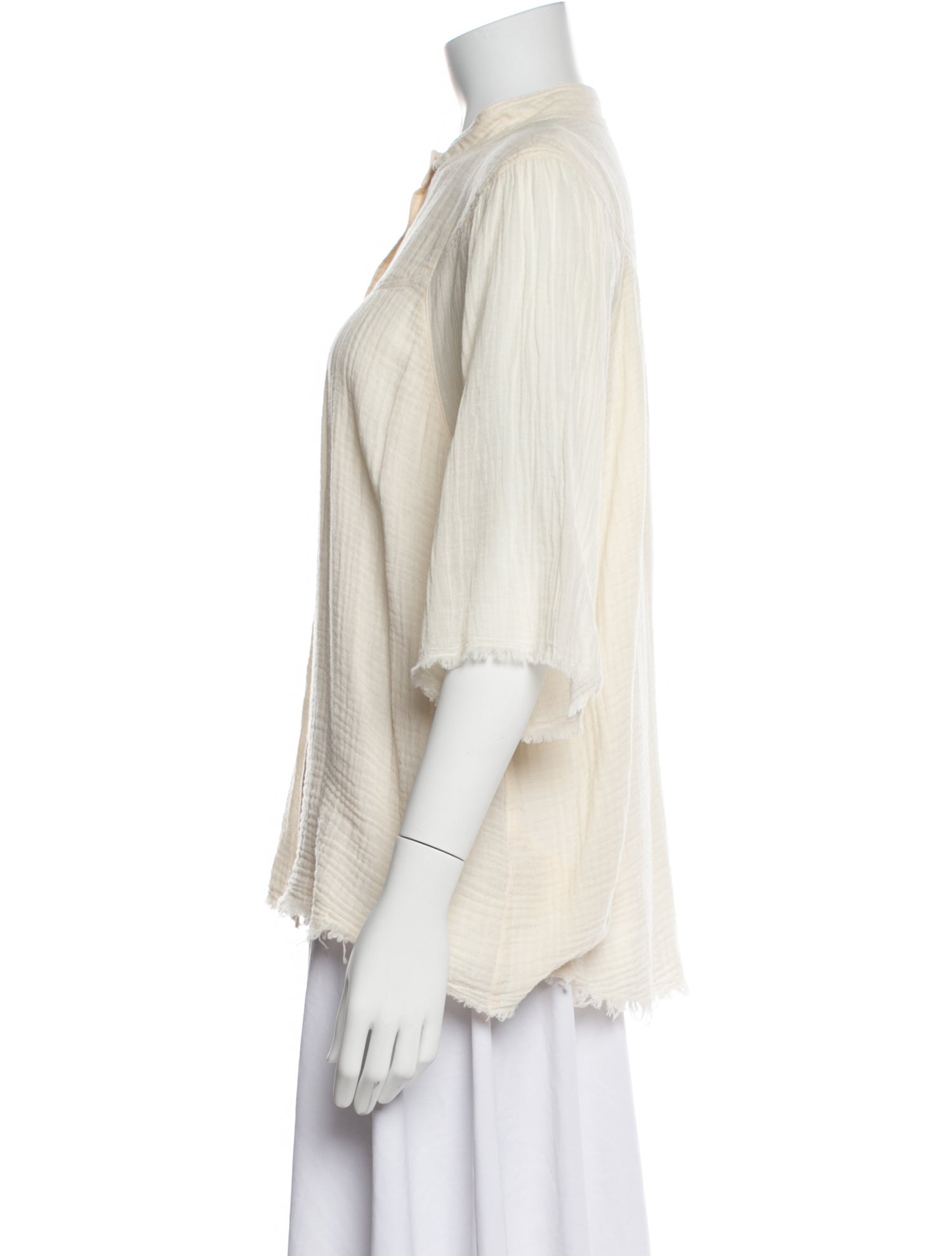 Raquel Allegra Mock Neck Three-Quarter Sleeve Button-Up Top