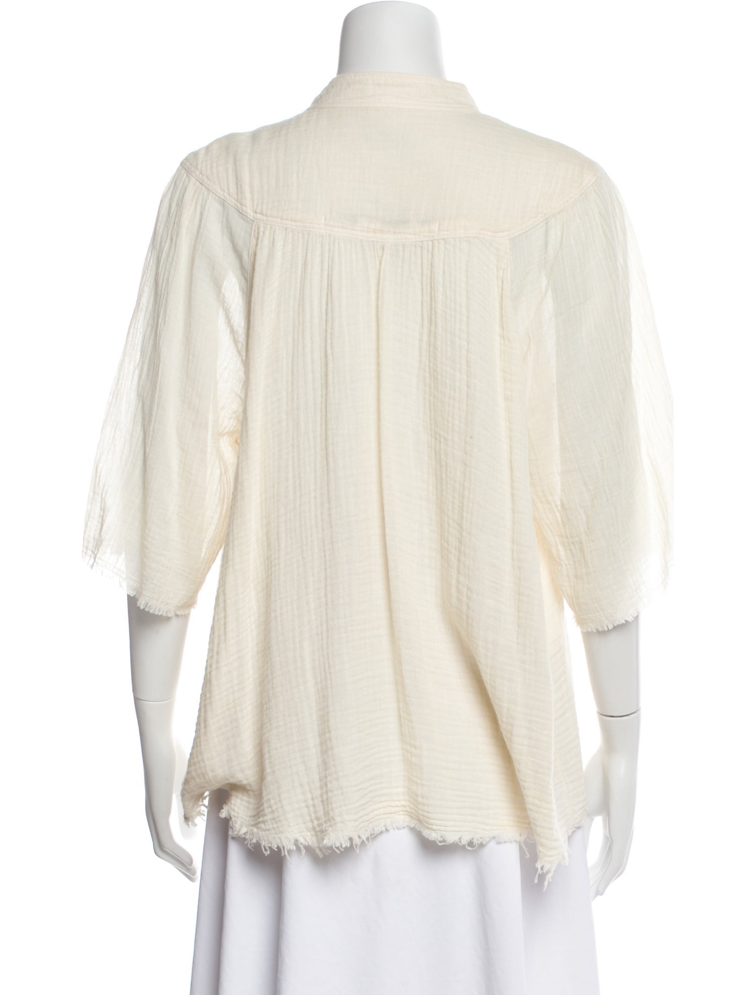 Raquel Allegra Mock Neck Three-Quarter Sleeve Button-Up Top