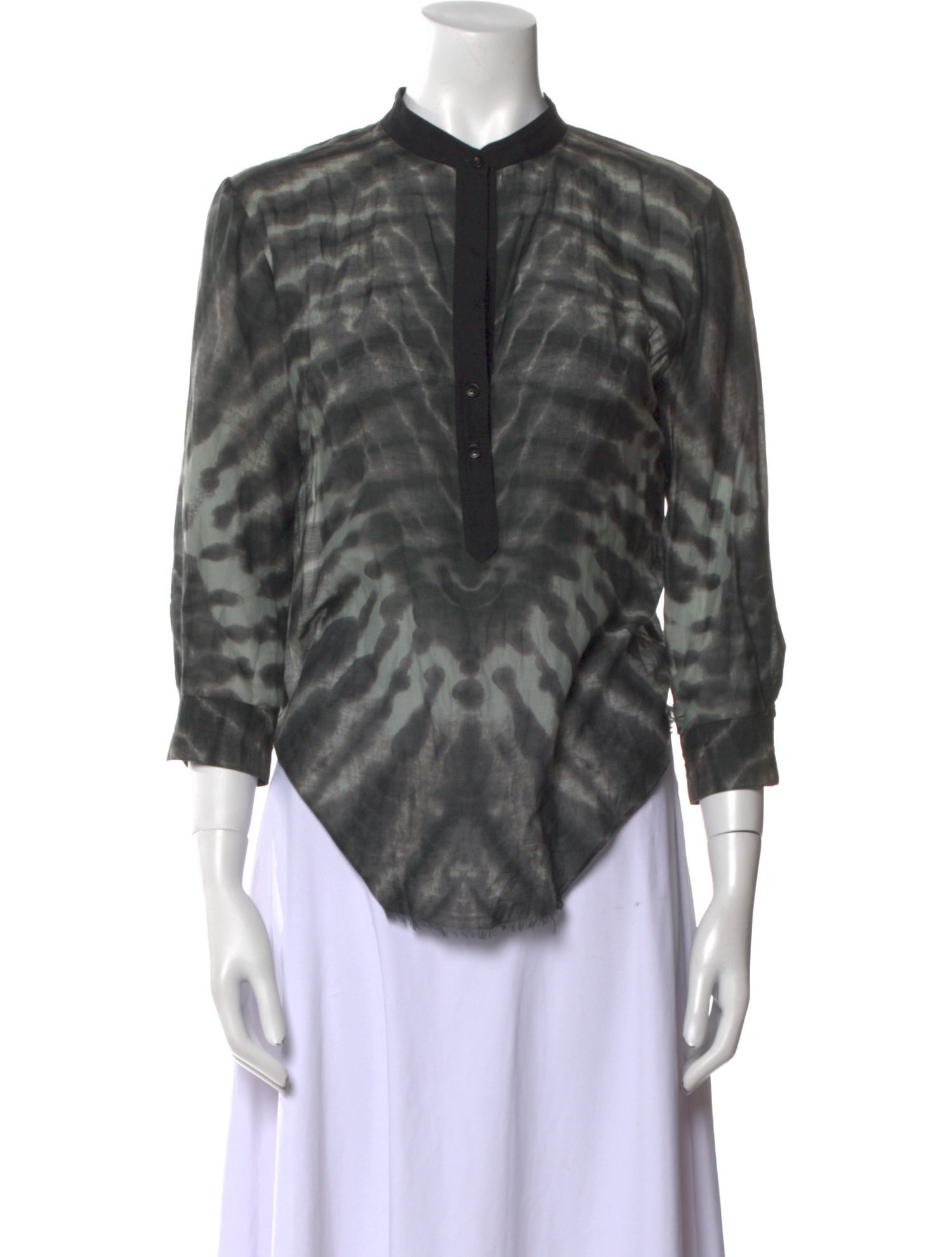 Raquel Allegra Tie-Dye Print Mock Neck Button-Up Top