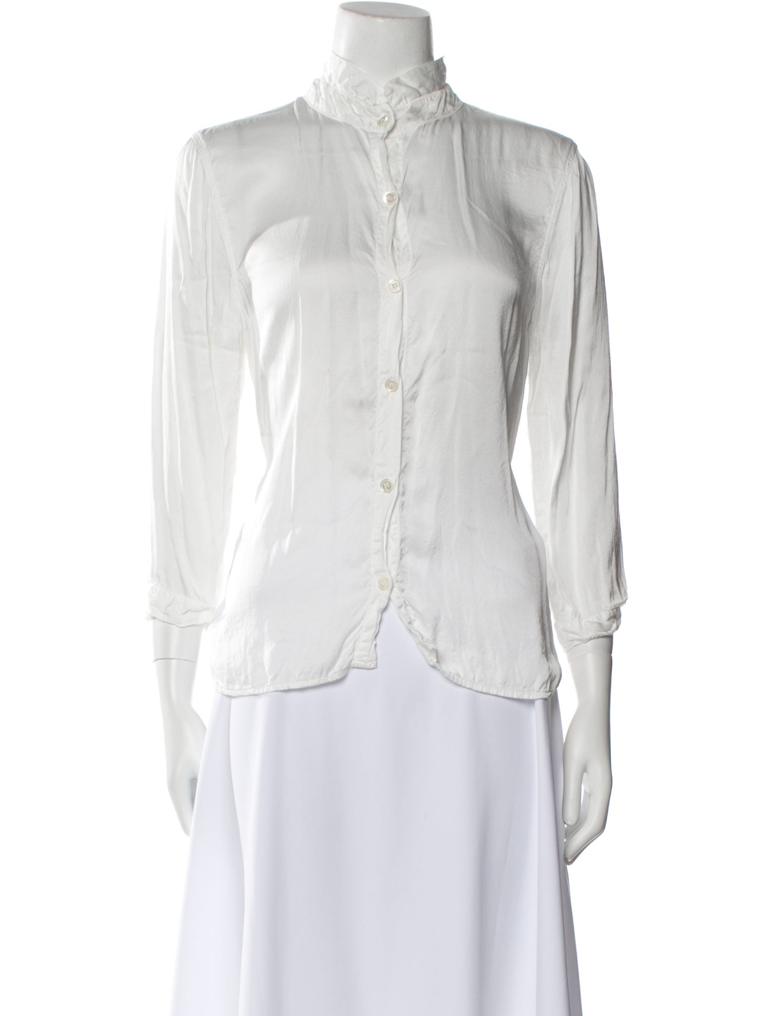 Raquel Allegra Mock Neck Three-Quarter Sleeve Button-Up Top