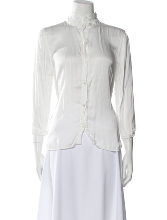 Raquel Allegra Mock Neck Three-Quarter Sleeve Button-Up Top