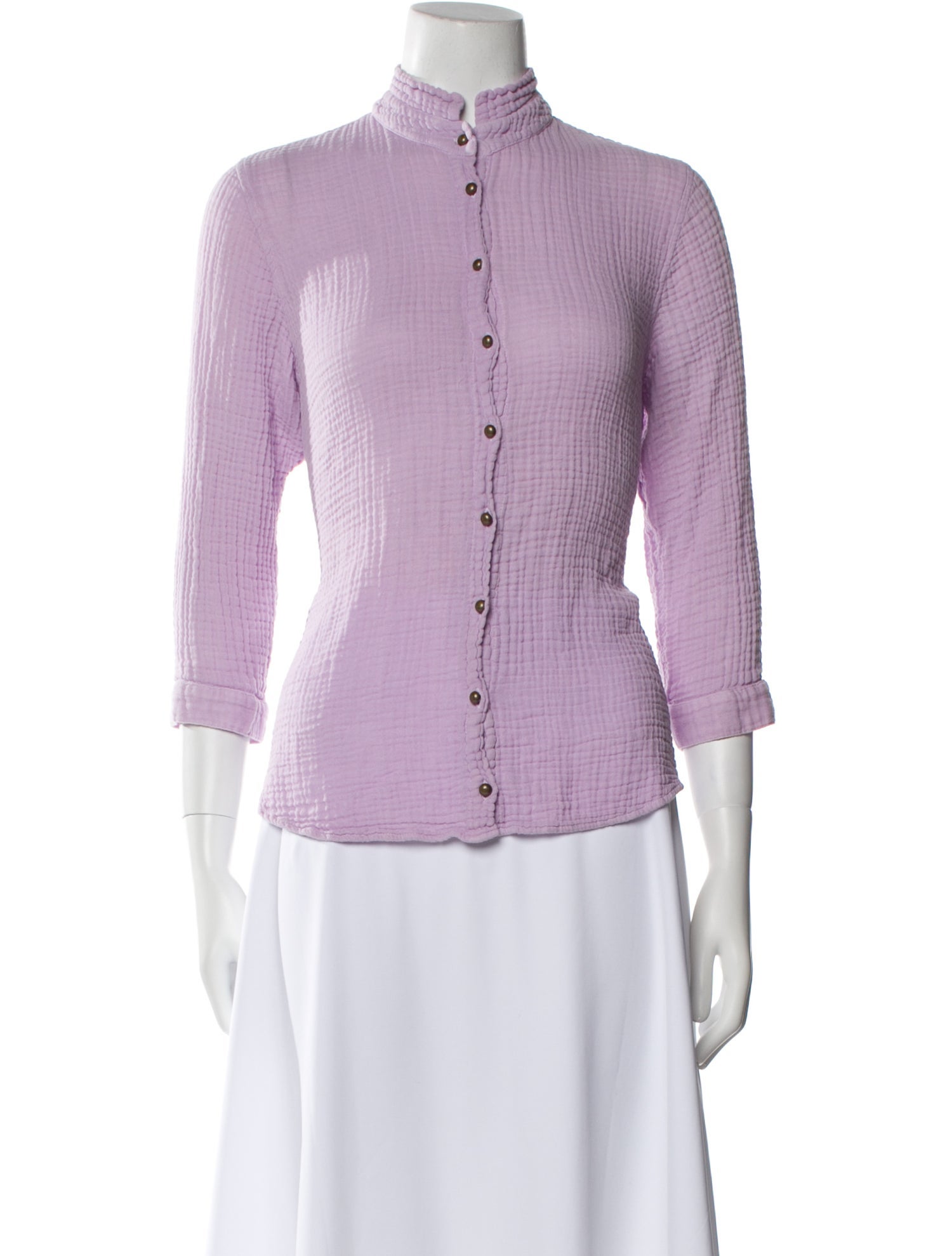 Raquel Allegra Mock Neck Three-Quarter Sleeve Button-Up Top