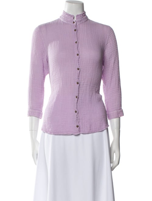 Raquel Allegra Mock Neck Three-Quarter Sleeve Button-Up Top