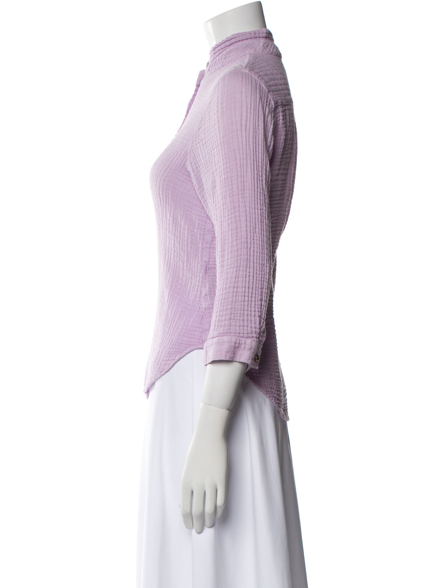 Raquel Allegra Mock Neck Three-Quarter Sleeve Button-Up Top