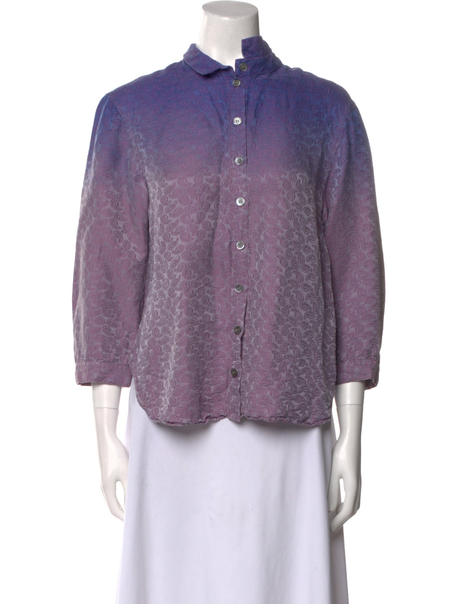 Raquel Allegra Tie-Dye Print Three-Quarter Sleeve Button-Up Top