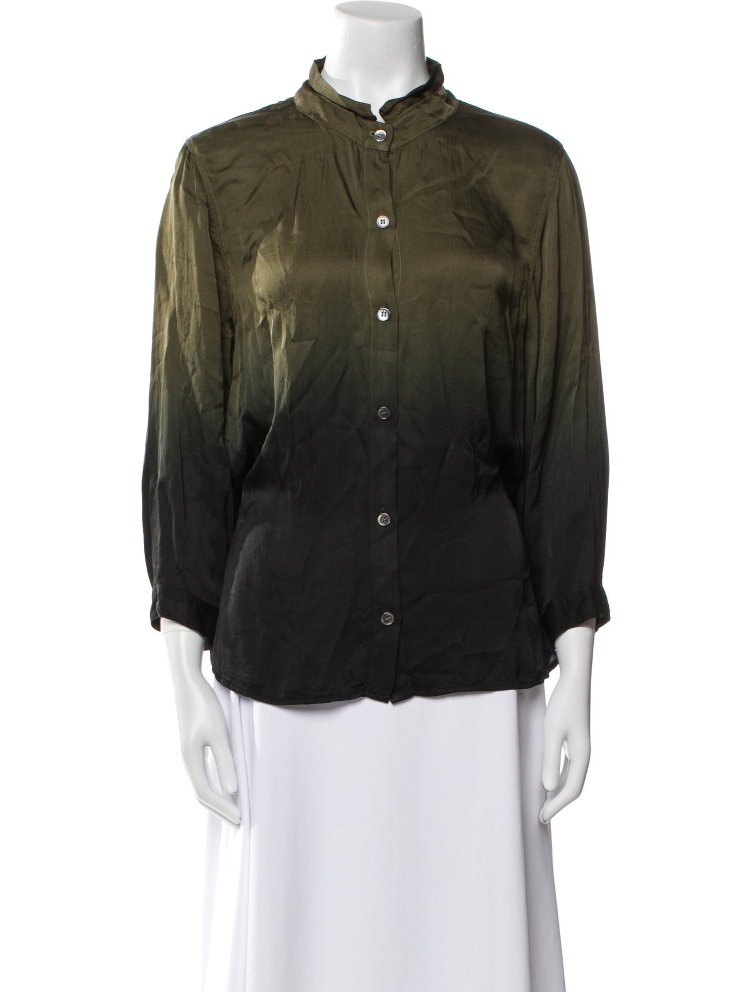 Raquel Allegra Mock Neck Three-Quarter Sleeve Button-Up Top