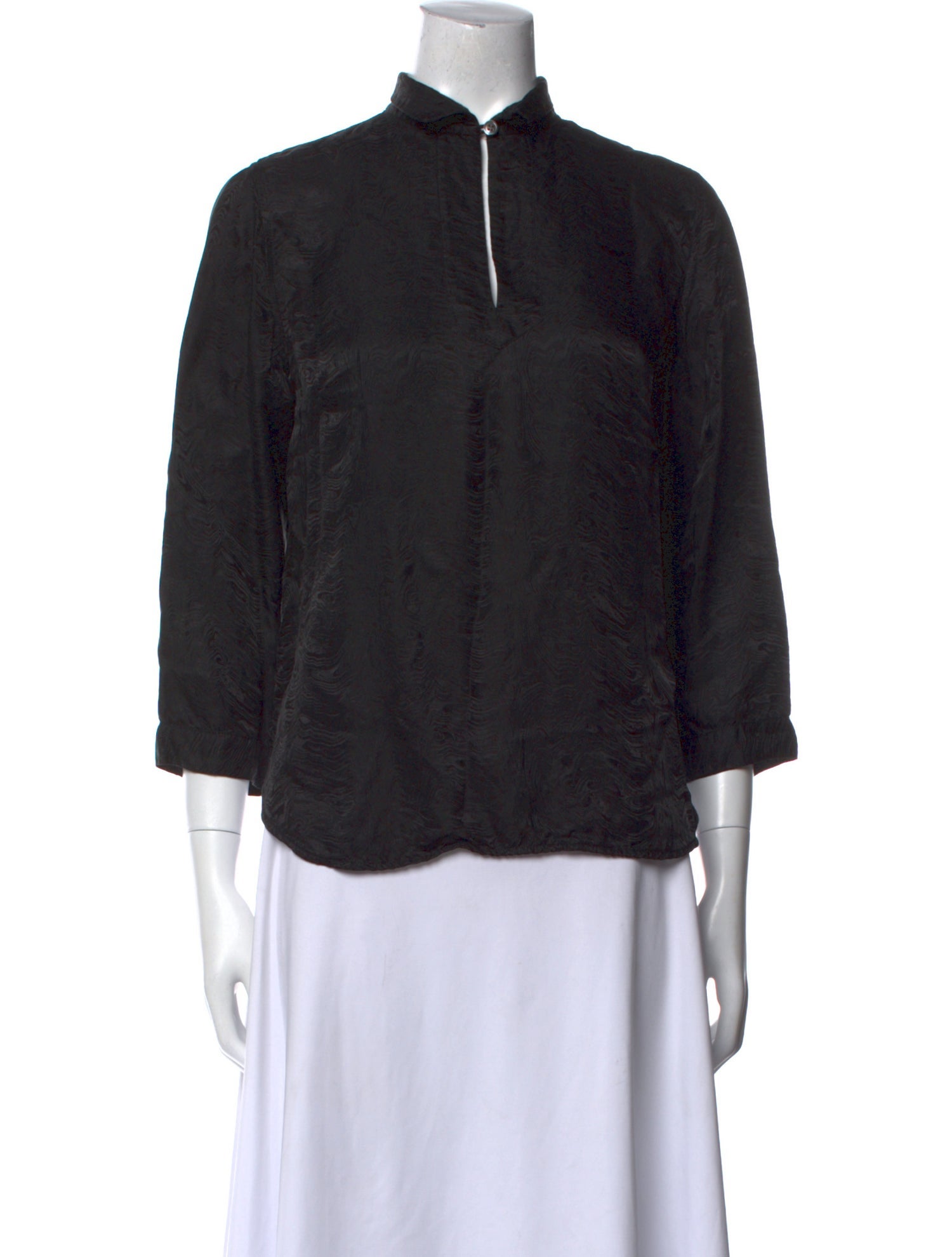 Raquel Allegra Mock Neck Three-Quarter Sleeve Button-Up Top