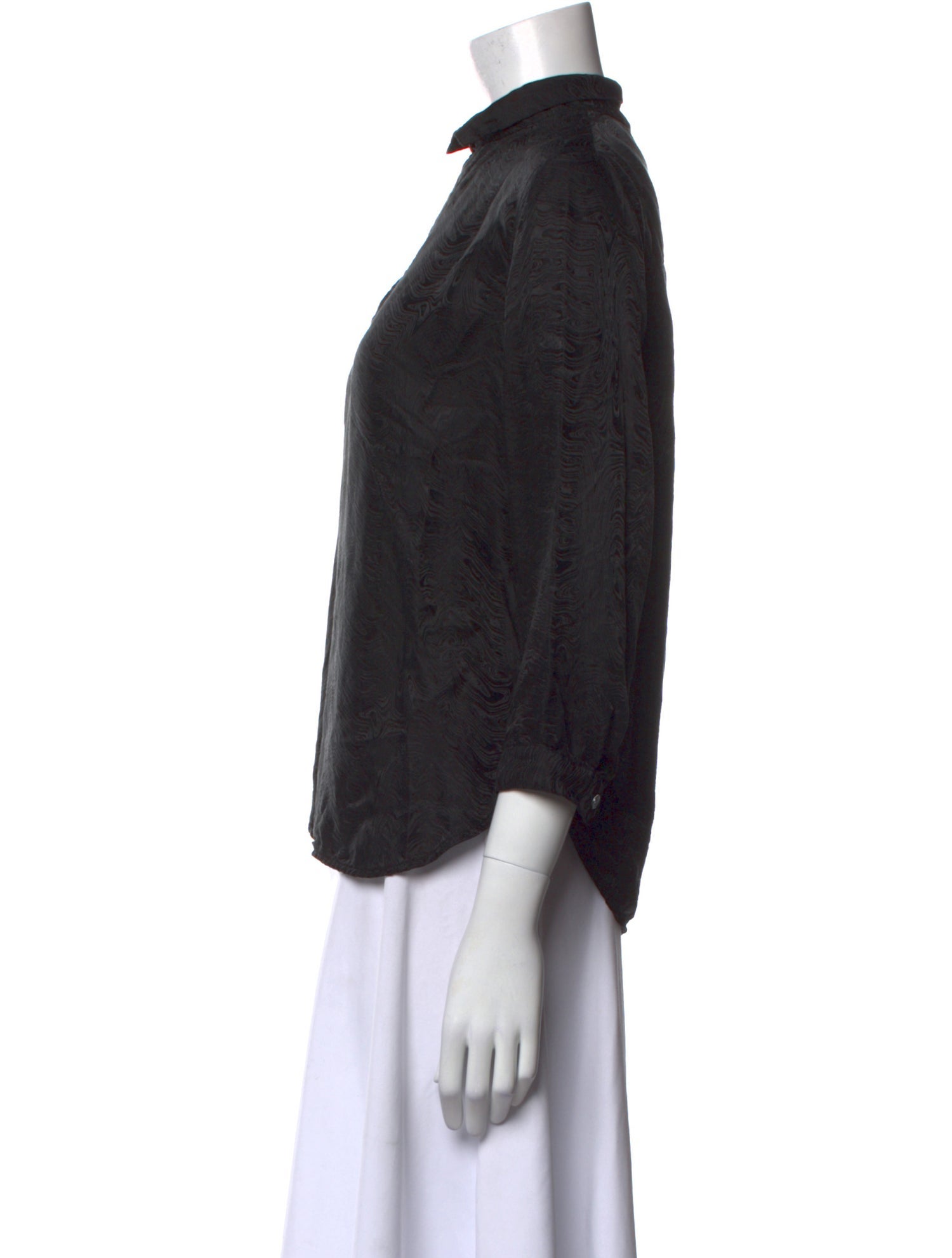 Raquel Allegra Mock Neck Three-Quarter Sleeve Button-Up Top