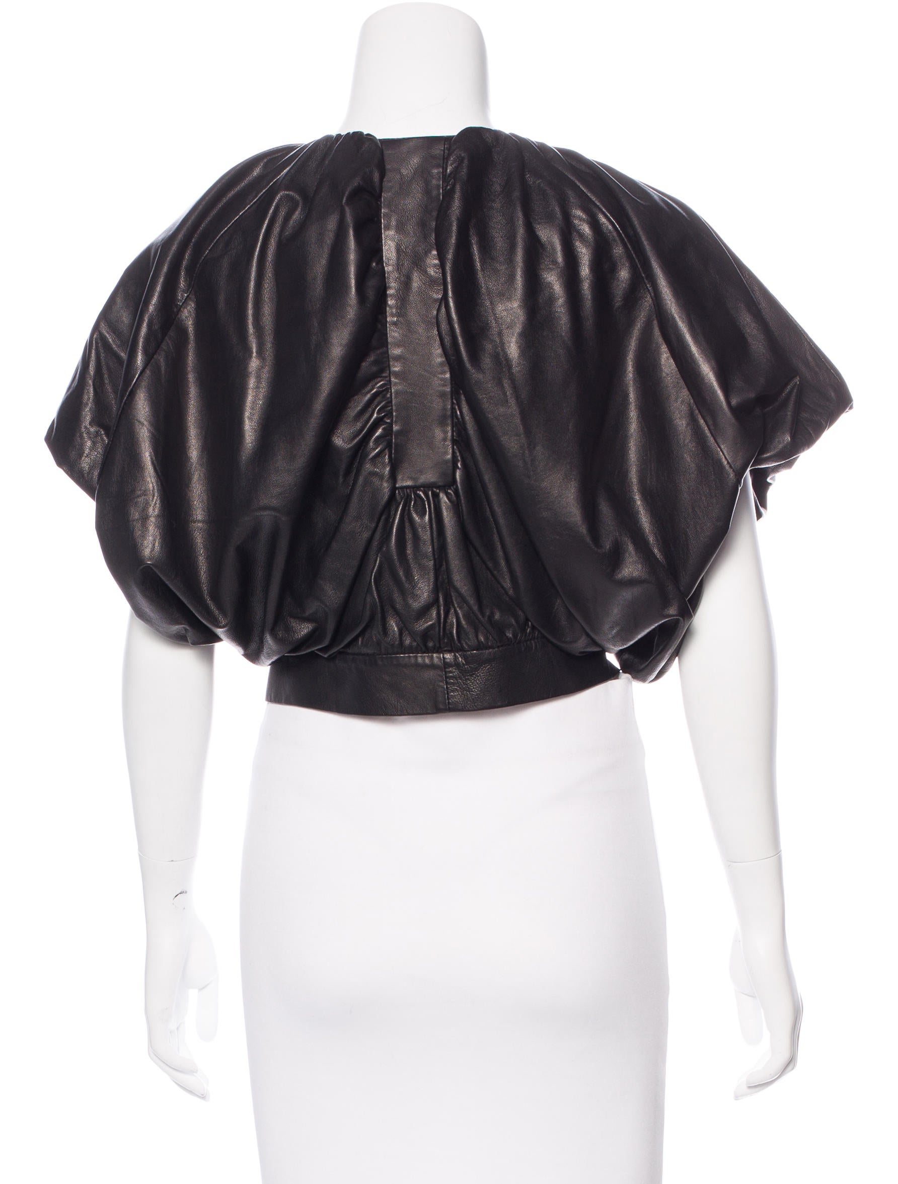 Short sleeve leather jacket women Jamison short sleeve leather jacket. This jacket is fully lined, has two exterior zippered pockets and has an elasticized waist band, sleeve cap and collar. Jacket has a zippered closure.