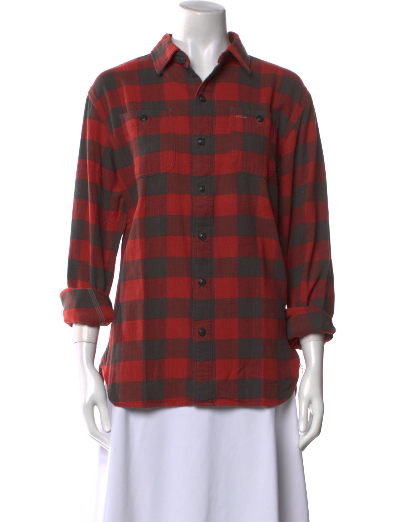 RRL & Co. Plaid Print Three-Quarter Sleeve Button-Up Top