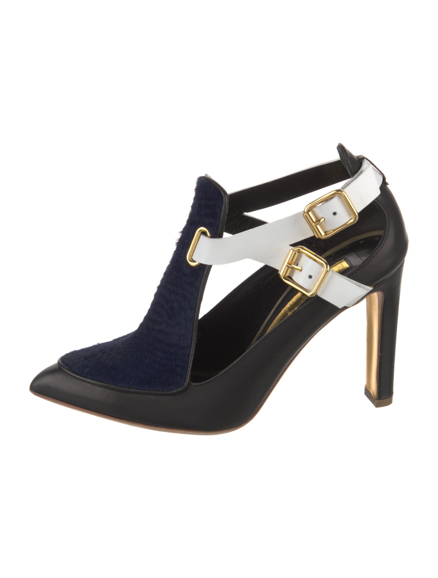 Rupert Sanderson Leather Colorblock Pattern T-Strap Pumps