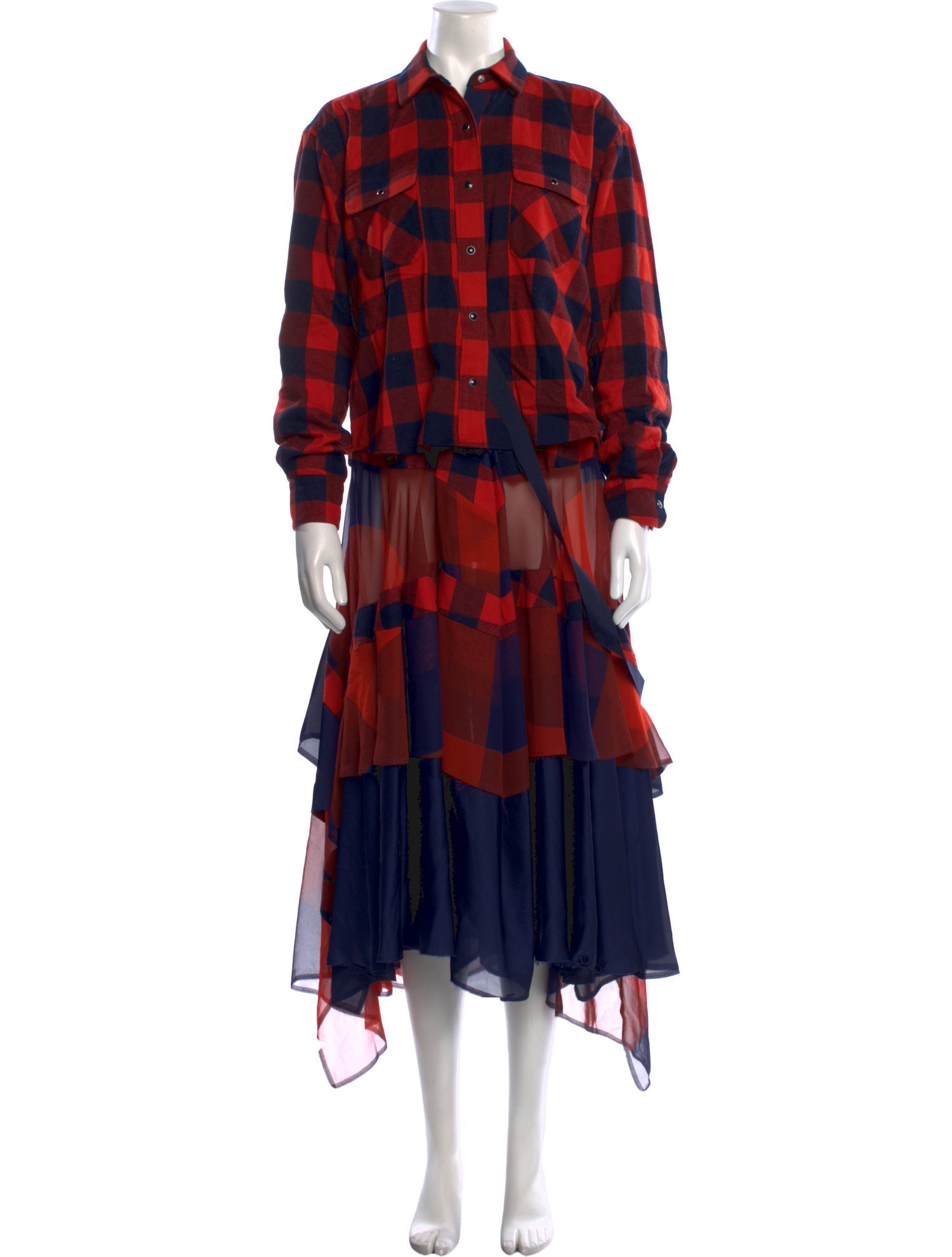 Sacai Plaid Print Midi Length Dress - Red Dresses, Clothing