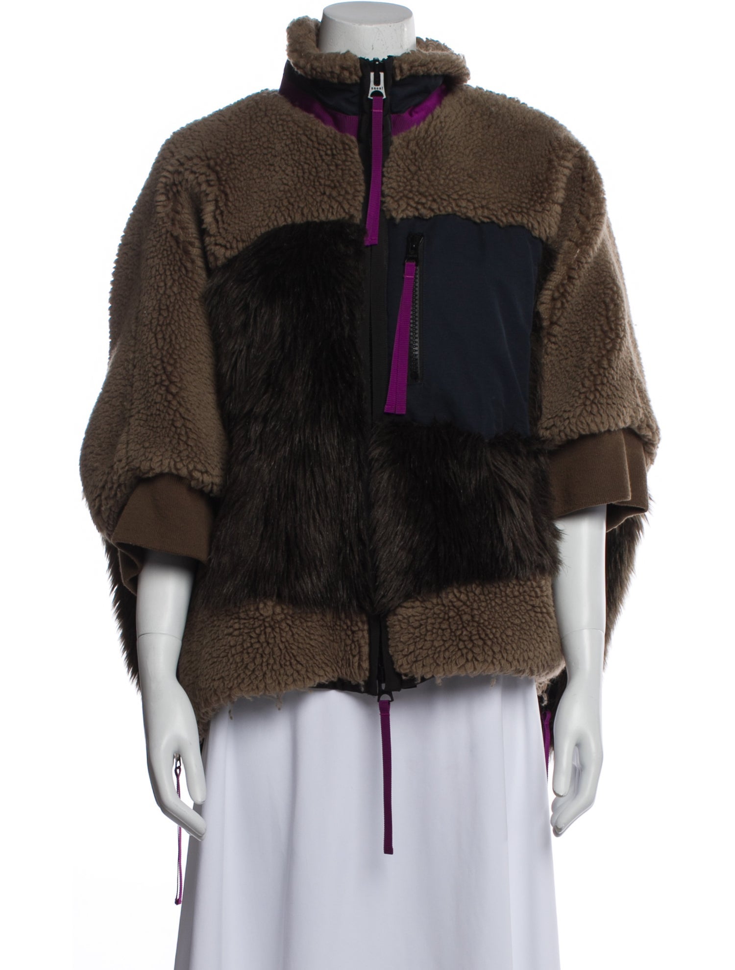 Sacai Wool Colorblock Pattern Faux Fur Jacket