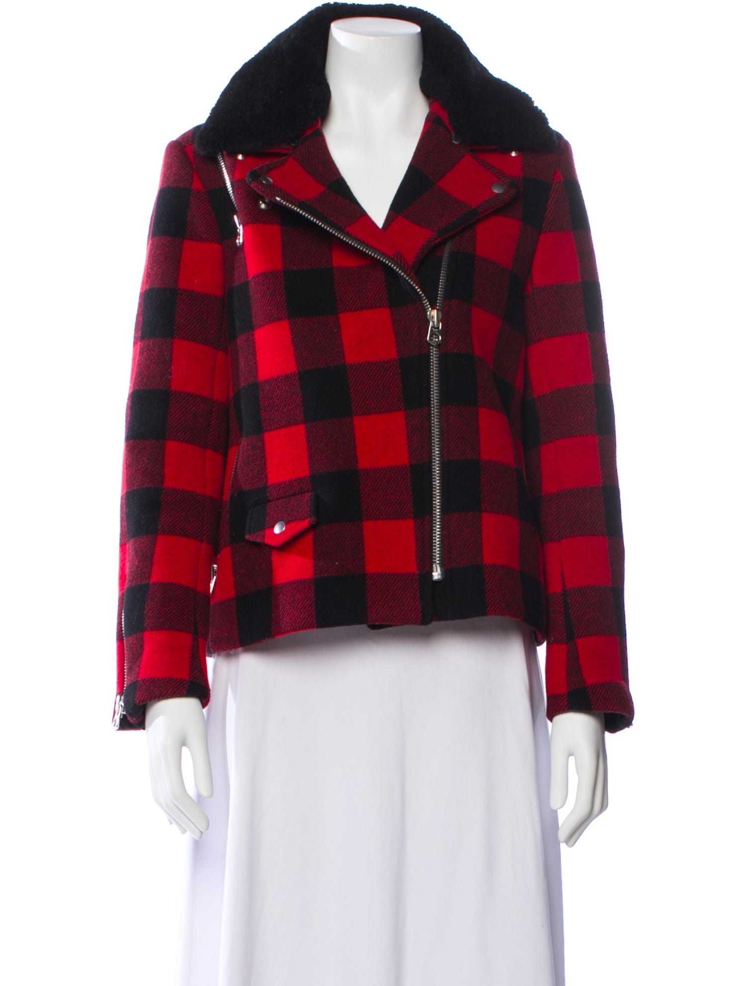 Sandro Wool Plaid Print Fur Coat