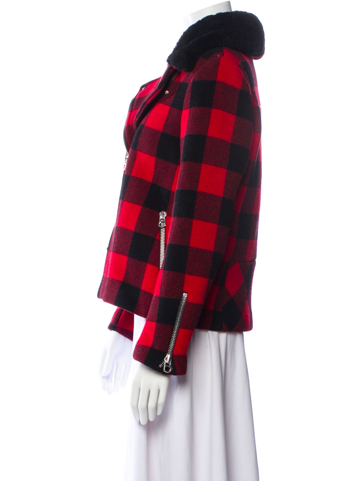 Sandro Wool Plaid Print Fur Coat