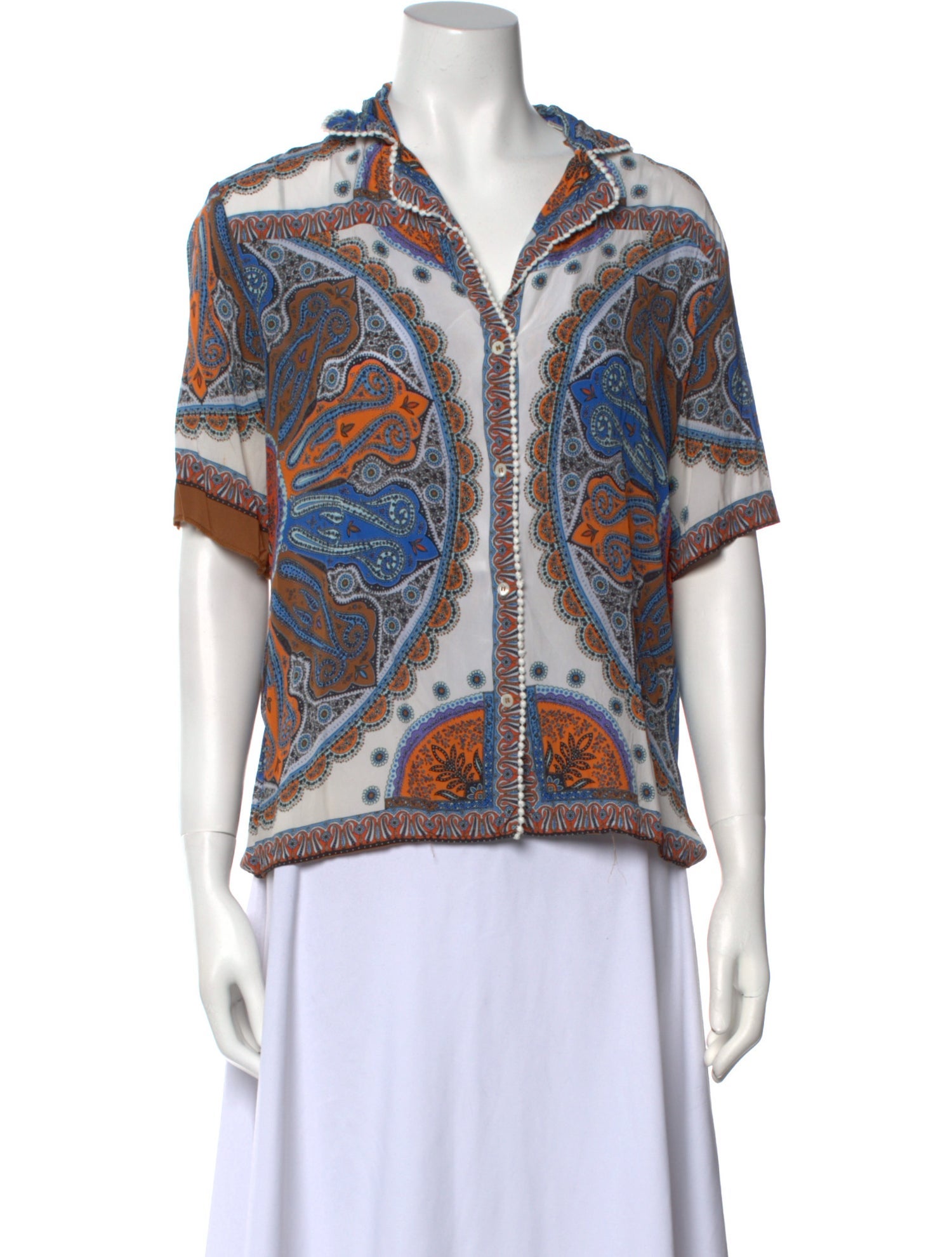 Sandro Printed Short Sleeve Button-Up Top