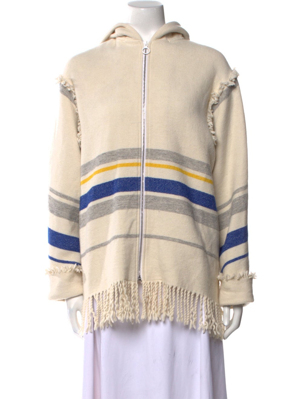 Sandro Wool Pullover Neutrals Striped Fringe Trim… - image 1