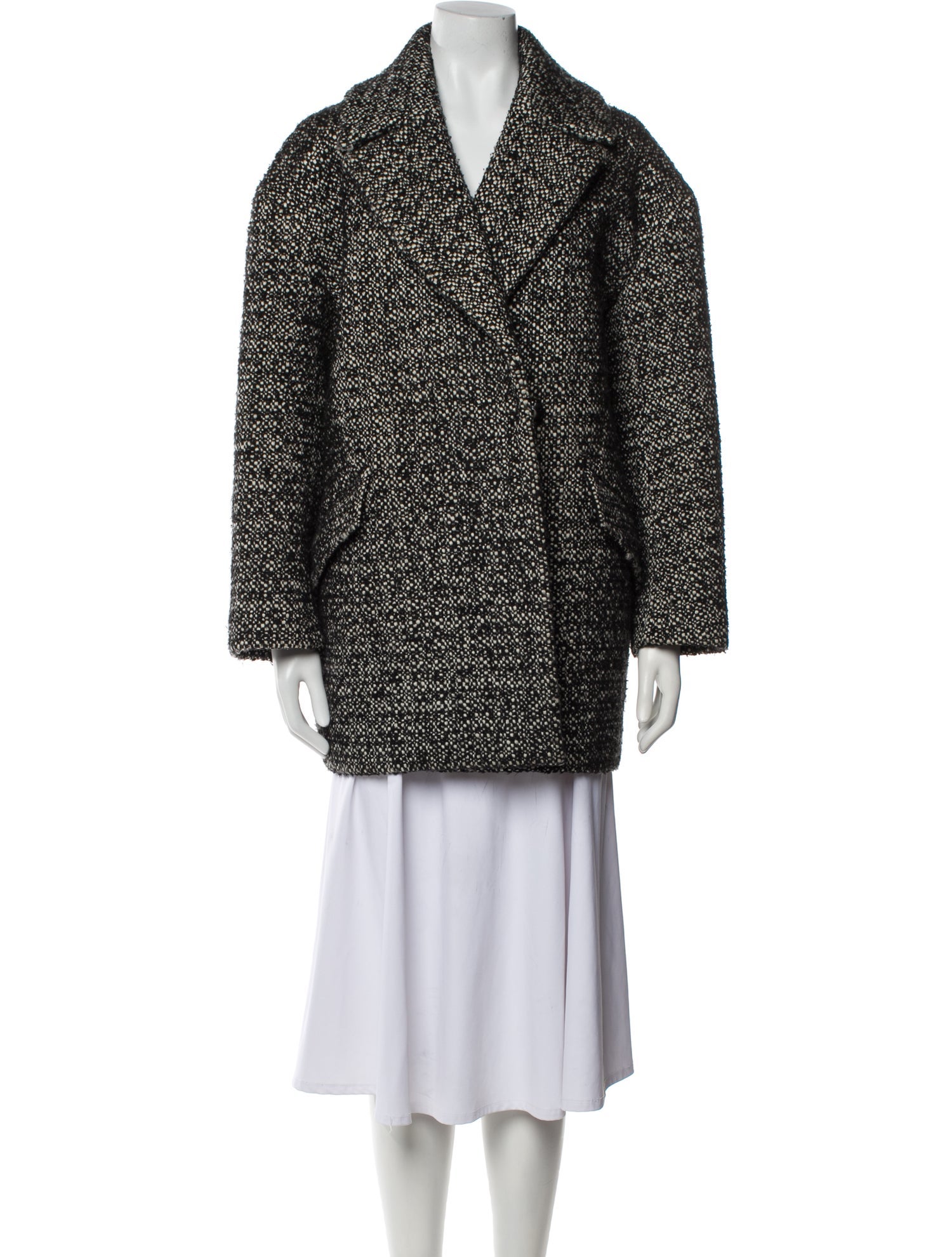Sandro Wool Tweed Pattern Faux Fur Coat