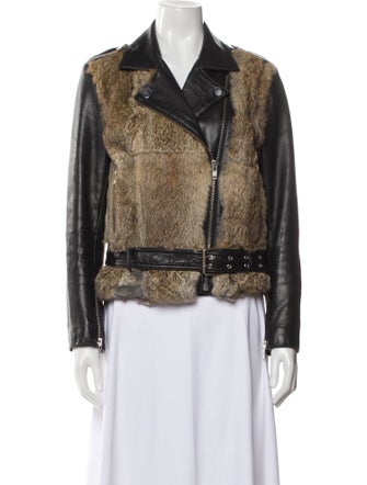 Sandro Leather Colorblock Pattern Fur Jacket