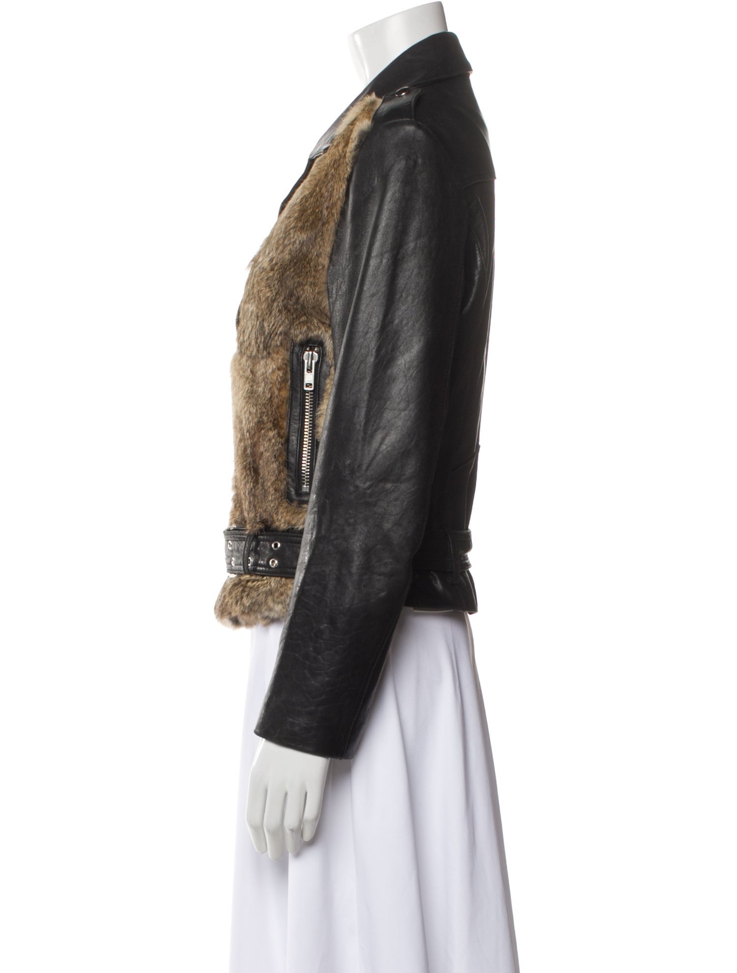 Sandro Leather Colorblock Pattern Fur Jacket