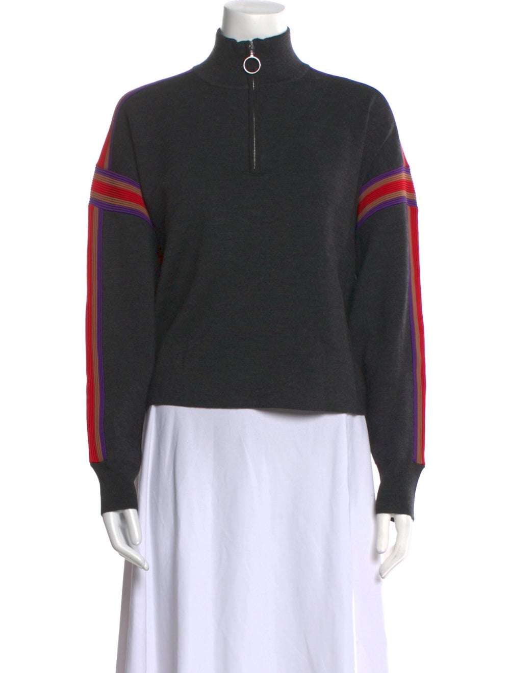 Sandro Wool Pullover Grey Striped Embroidered Acc… - image 1