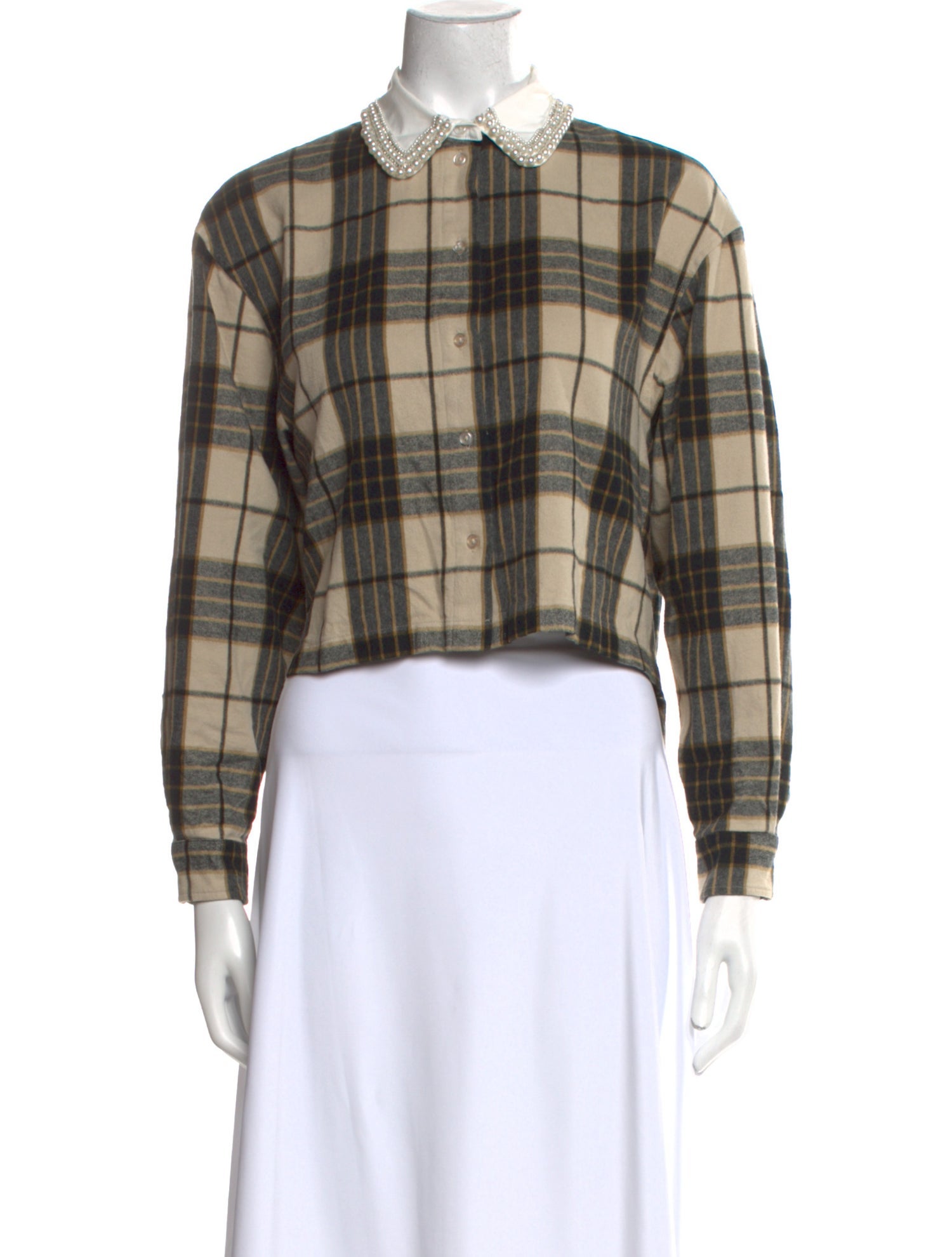 Sandro Plaid Print Long Sleeve Crop Top