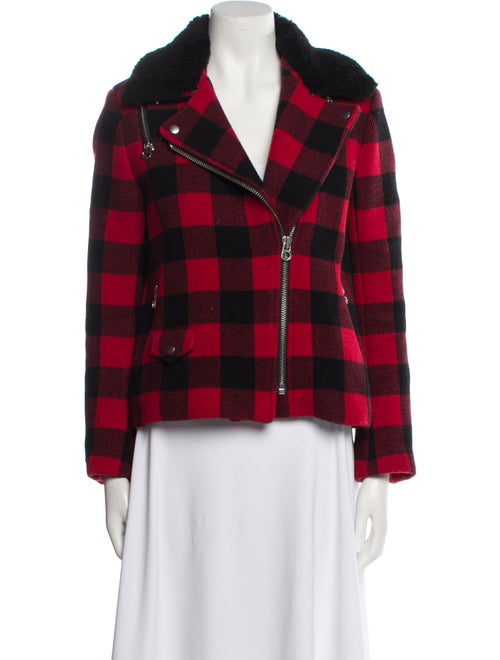 Sandro Wool Plaid Print Fur Jacket