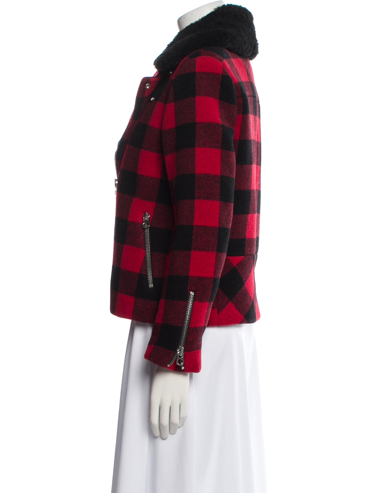 Sandro Wool Plaid Print Fur Jacket