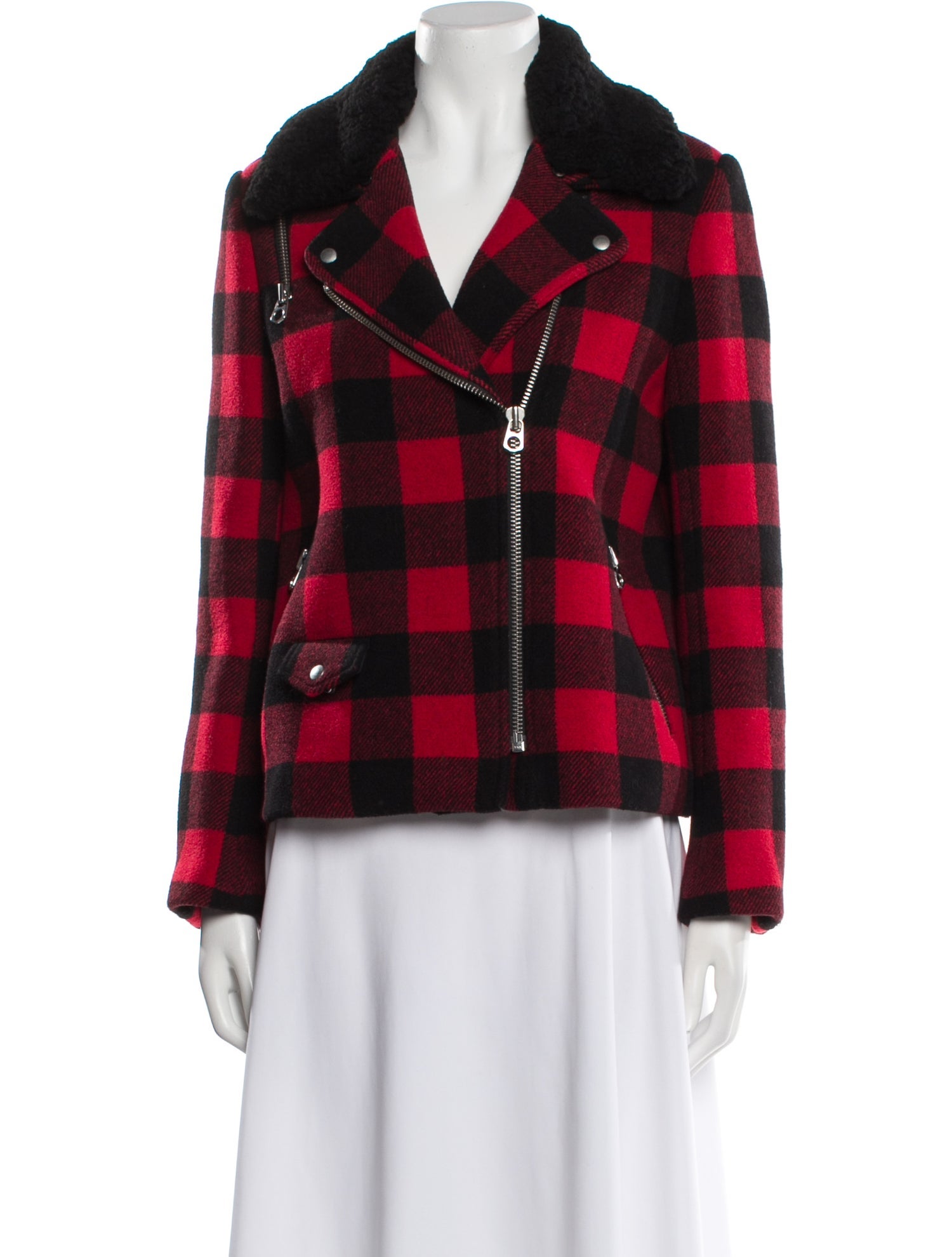 Sandro Wool Plaid Print Fur Jacket