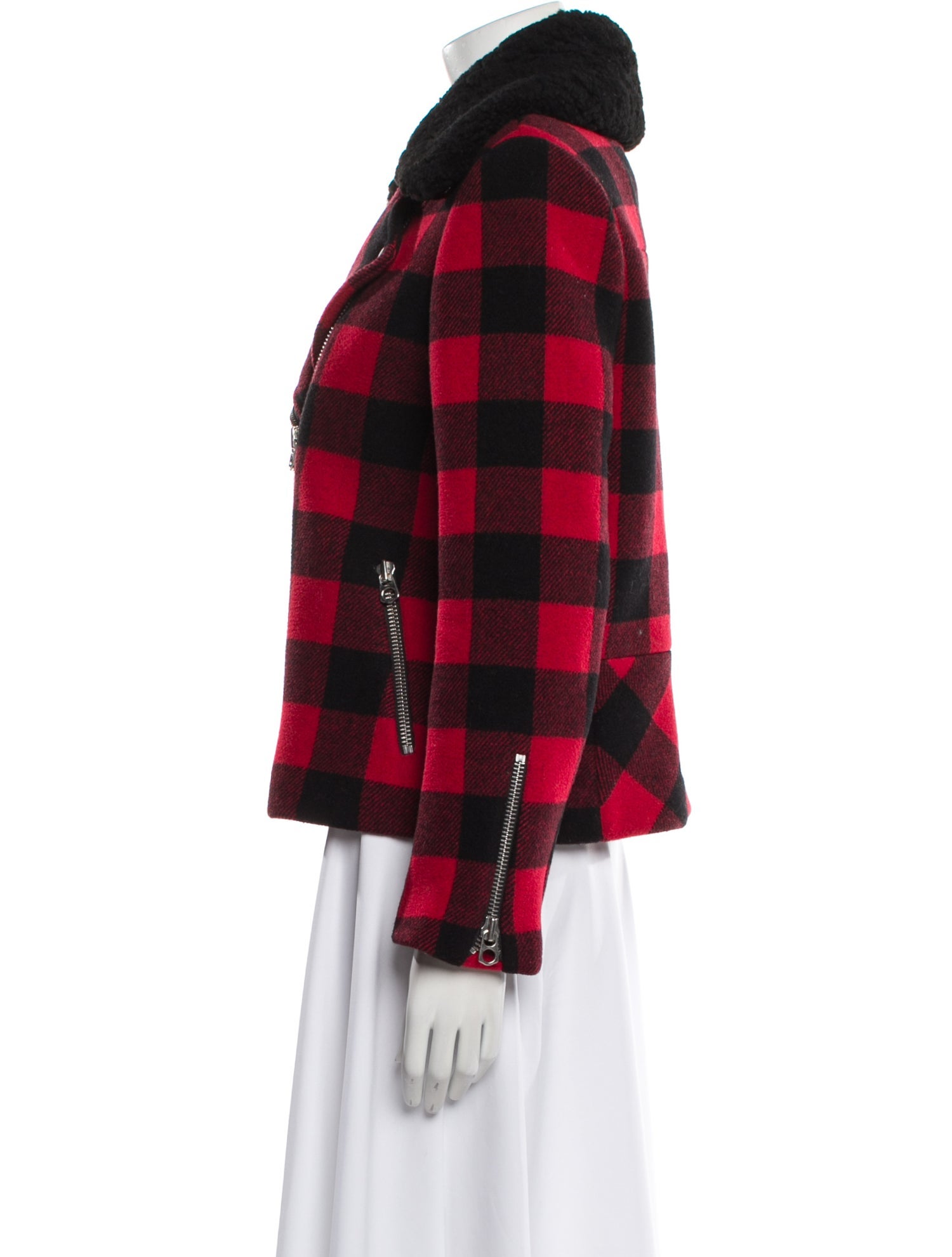 Sandro Wool Plaid Print Fur Jacket